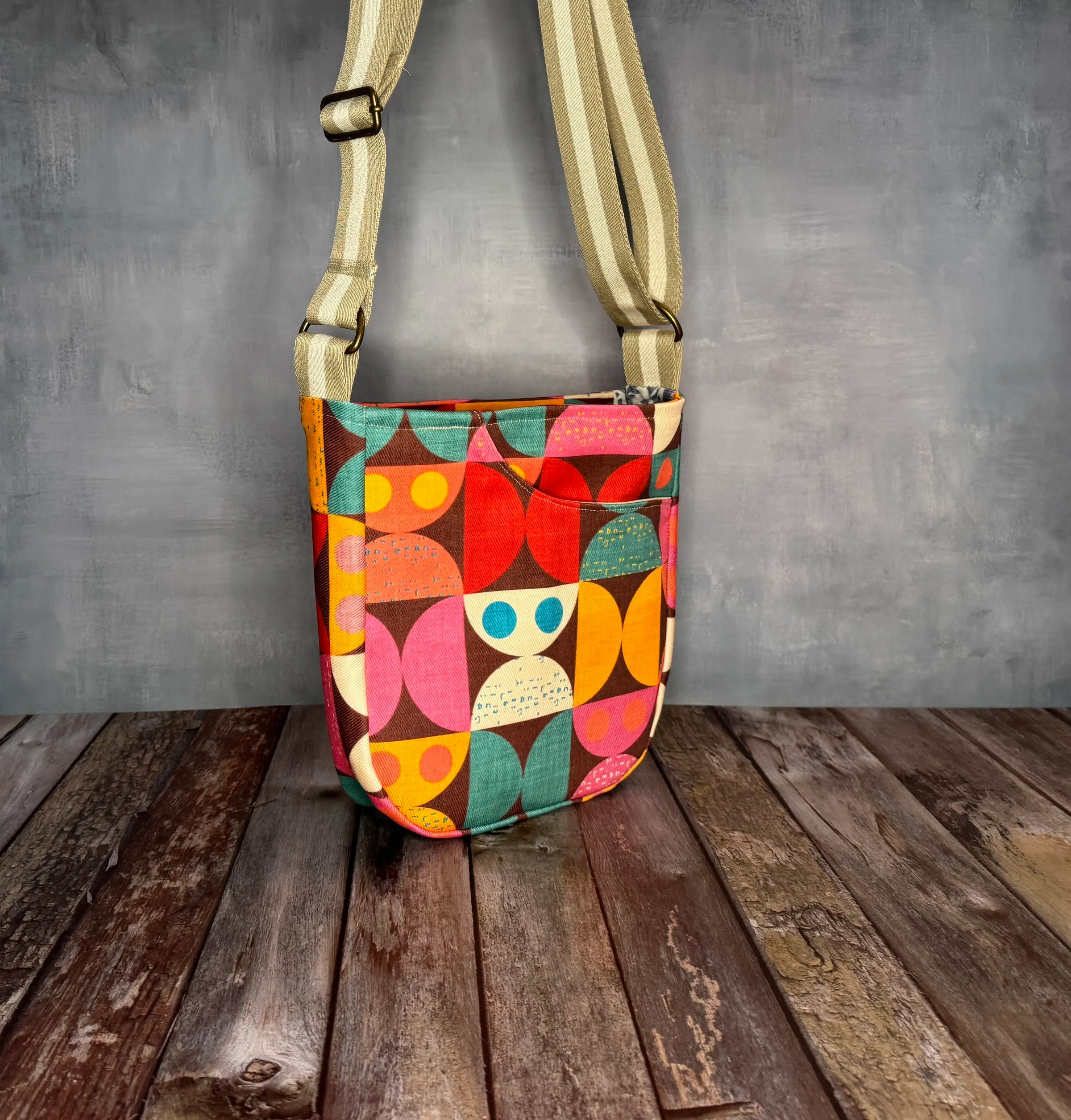 Cross Body Mini Tote - Brown Mid Mod Owls — handmade canvas bag, cut and sewn by hand in South Carolina