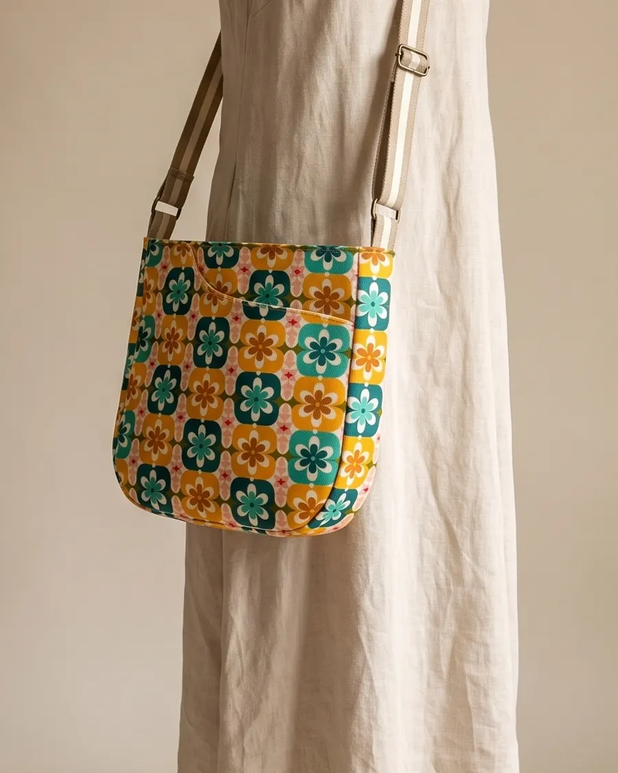 CrossBody Handbag - Retro Floral worn crossbody on a display form