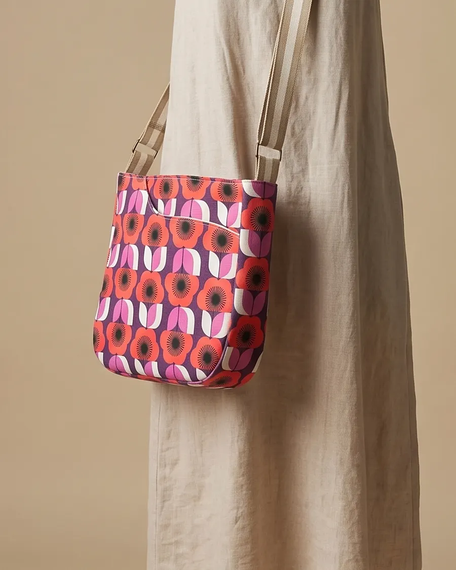CrossBody Handbag - Purple Retro Floral worn crossbody on a display form