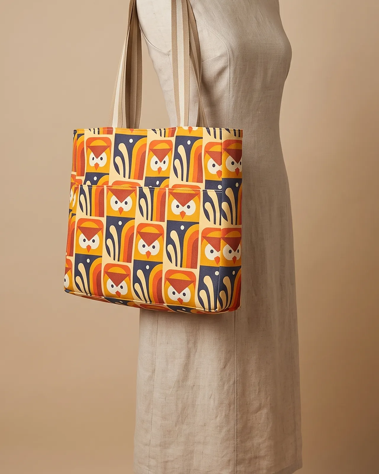 Large Tote Bag - Yellow Retro Owls worn on the shoulder on a display form