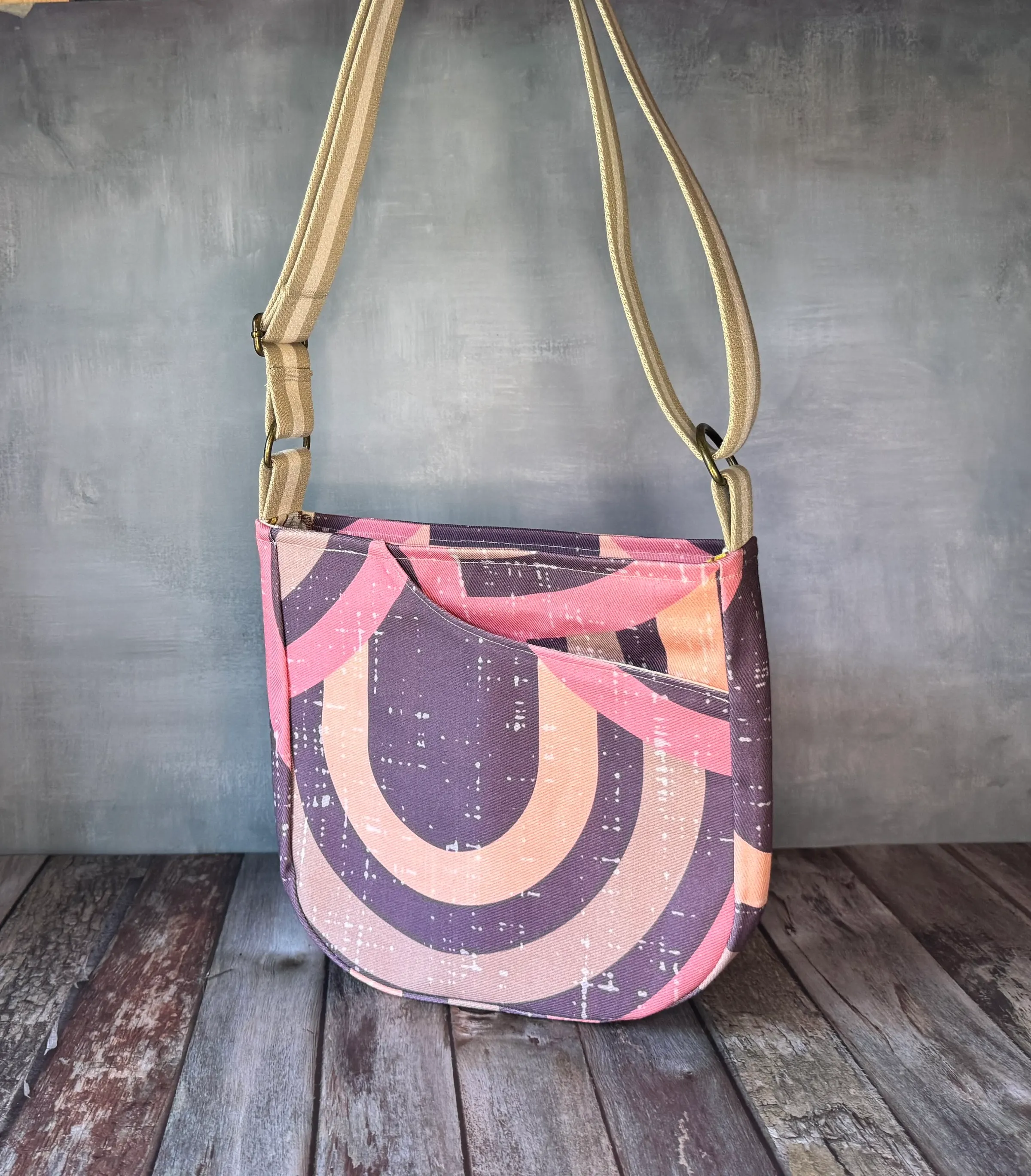 Cross Body Mini Tote - Purple Pink Geometric — handmade canvas bag, cut and sewn by hand in South Carolina