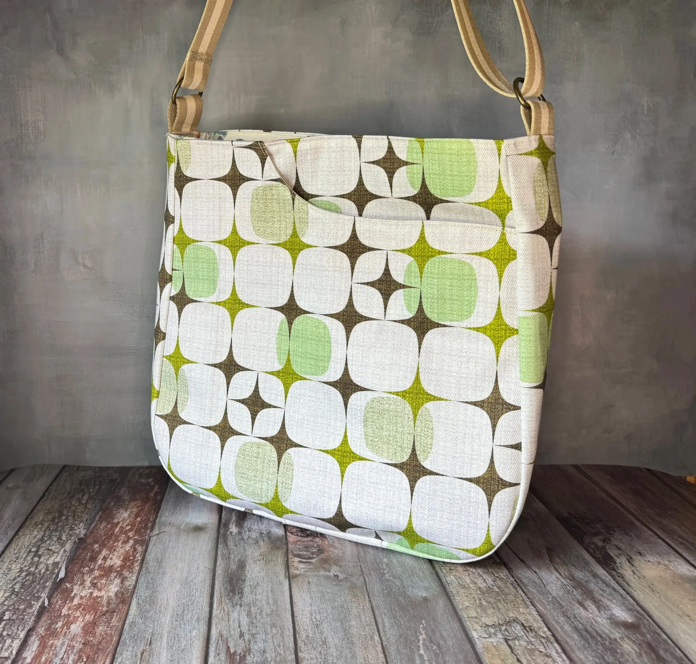 Large Crossbody Tote Bag - Brown Green Geometric — handmade canvas bag, cut and sewn by hand in South Carolina