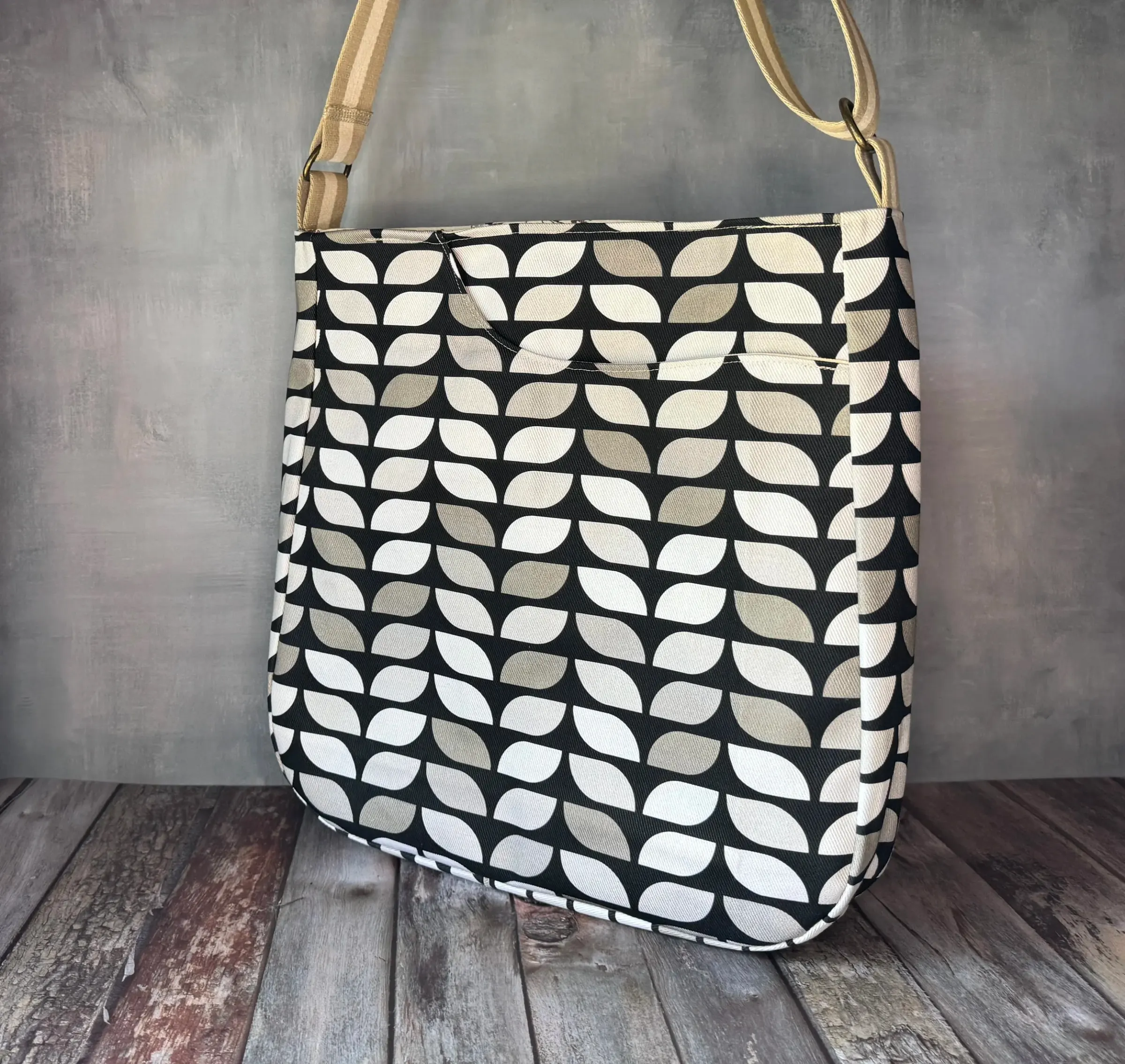 Large Crossbody Tote Bag - Black White Geometric — handmade canvas bag, cut and sewn by hand in South Carolina