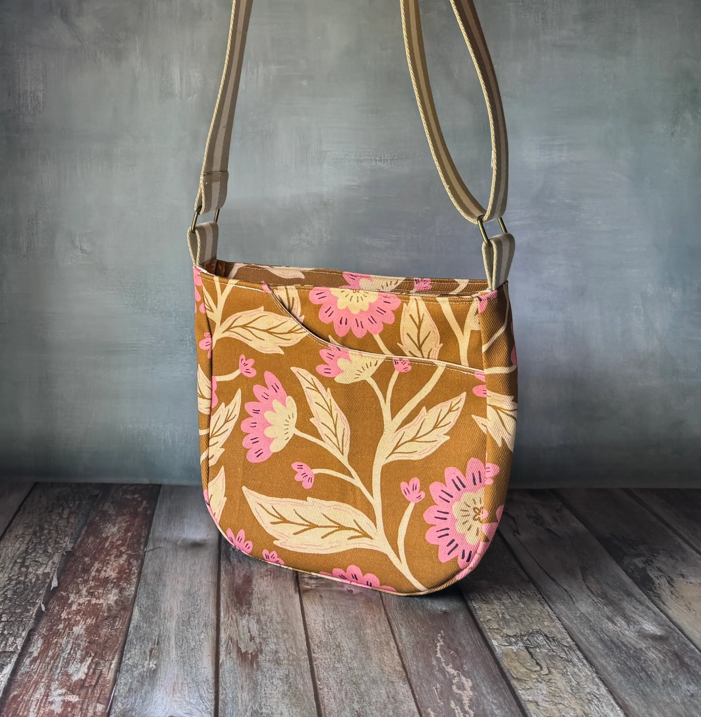 Cross Body Mini Tote - Mustard Pink Floral — handmade canvas bag, cut and sewn by hand in South Carolina
