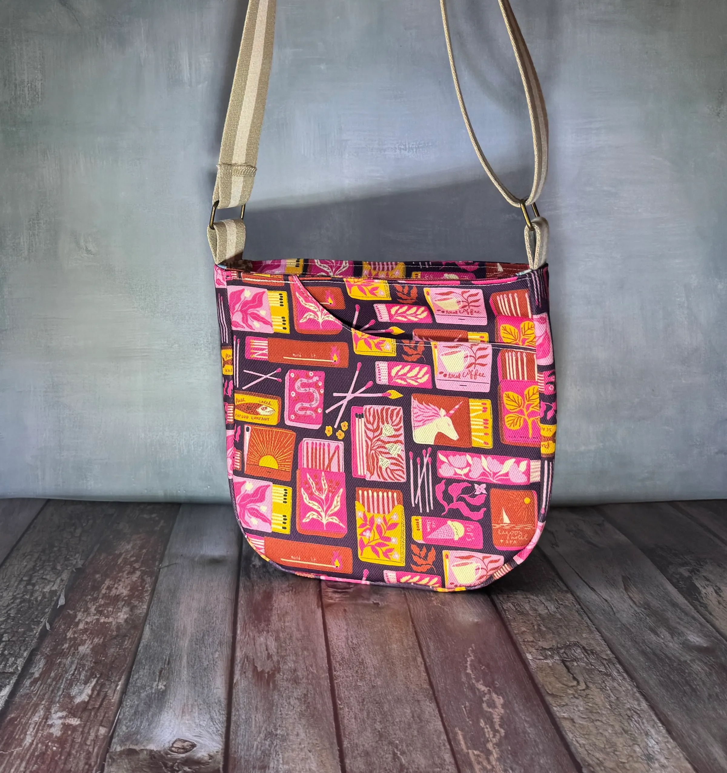 Cross Body Mini Tote - Purple Pink Matchbook — handmade canvas bag, cut and sewn by hand in South Carolina