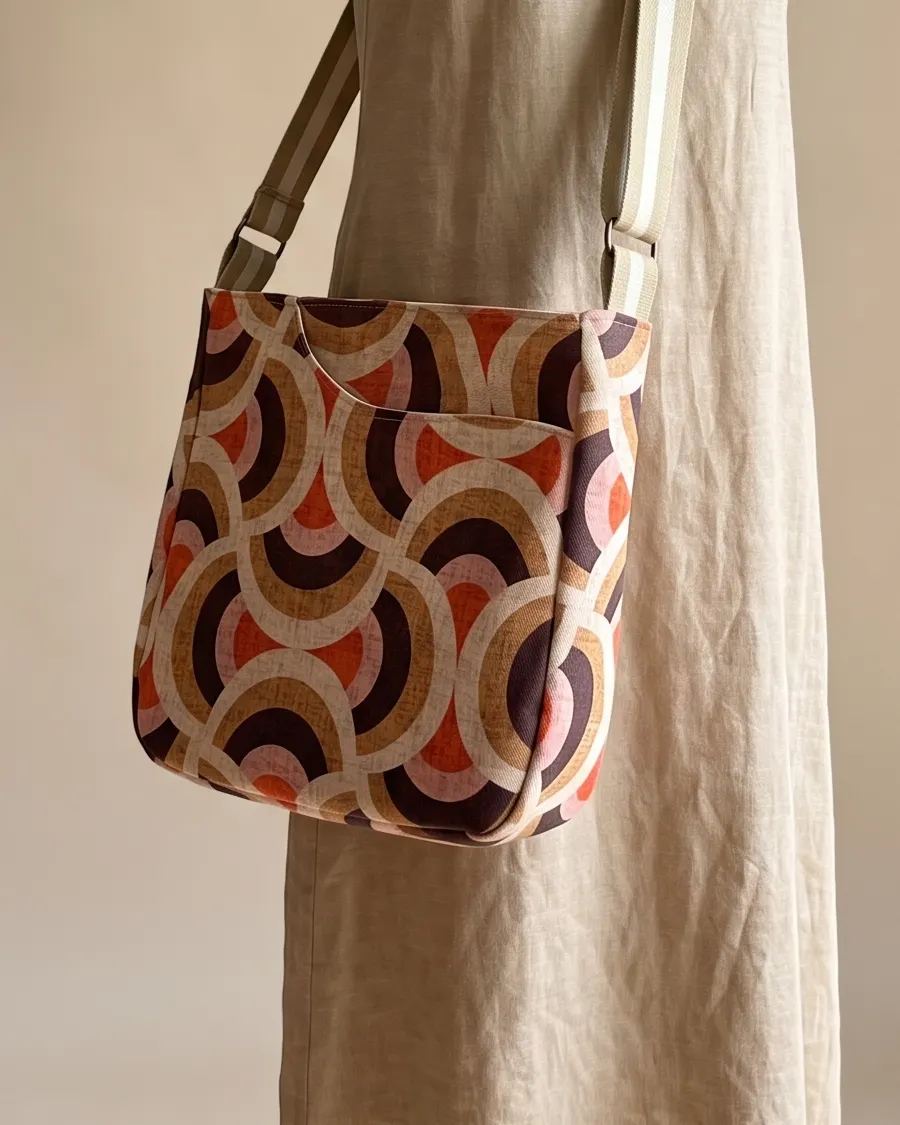 CrossBody Handbag - Tan Retro Geometric worn crossbody on a display form