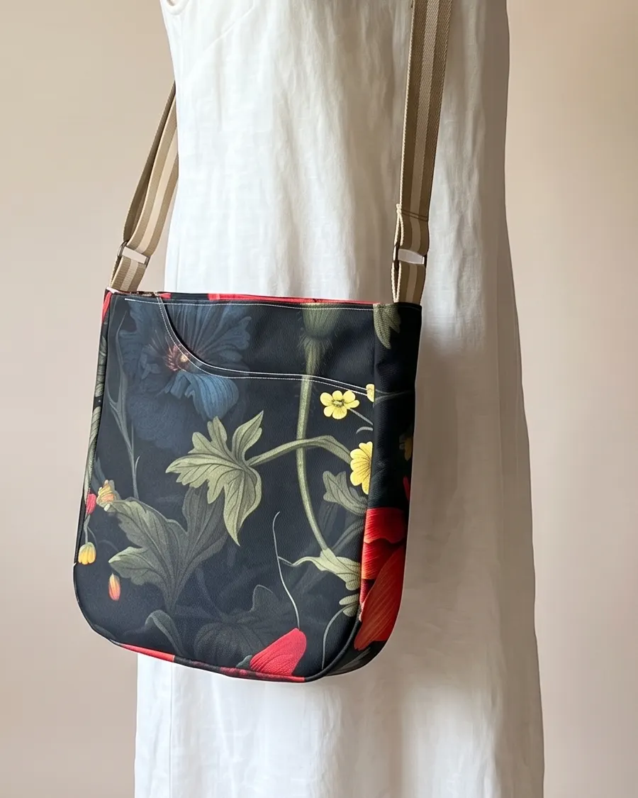 CrossBody Handbag - Black Botanical Floral worn crossbody on a display form