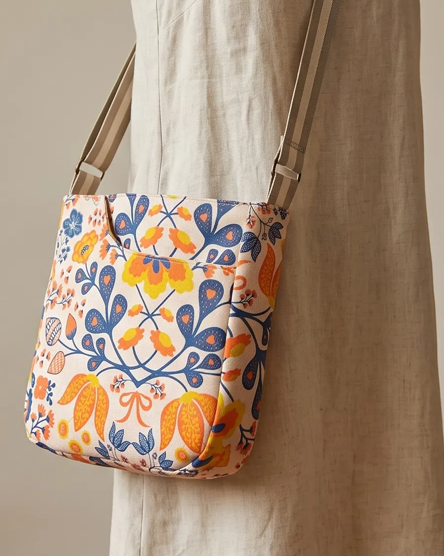CrossBody Handbag - Blue Orange Vintage Floral worn crossbody on a display form