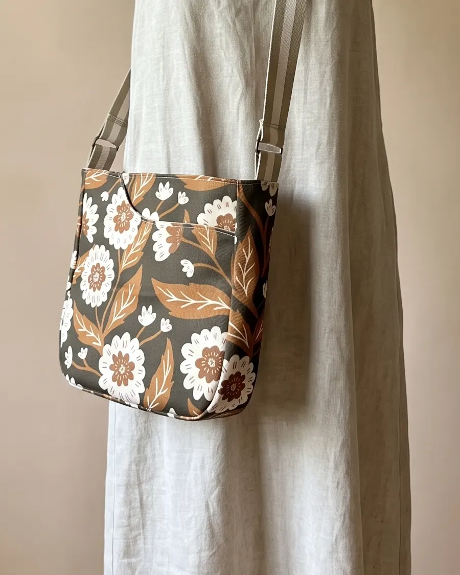 CrossBody Handbag - Olive Brown Floral worn crossbody on a display form