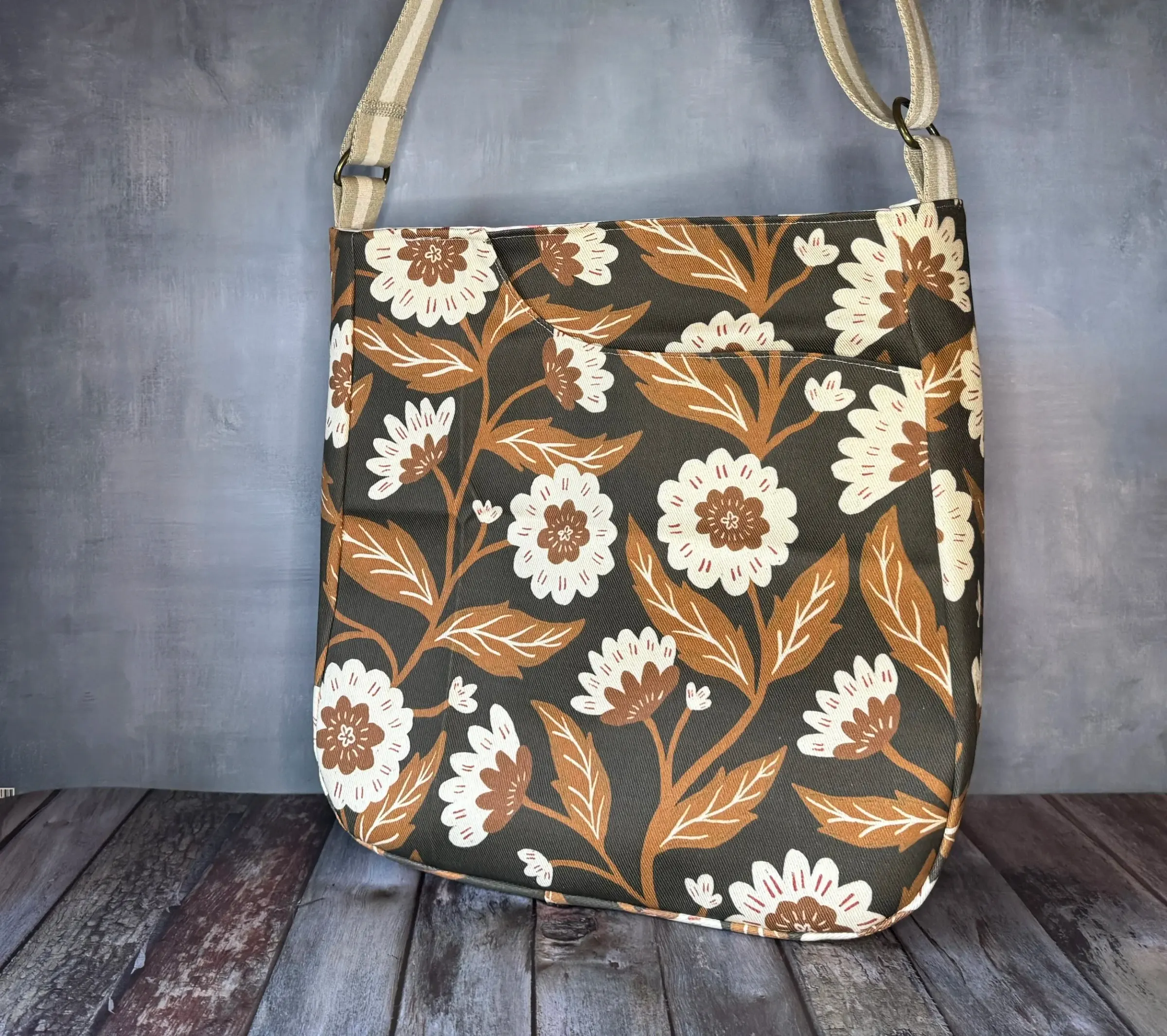 Large Crossbody Tote Bag - Olive Brown Floral — handmade canvas bag, cut and sewn by hand in South Carolina