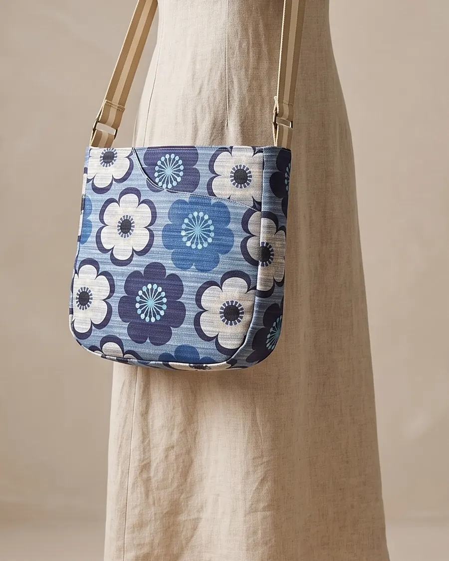 CrossBody Handbag - Blue Grey Mod Floral worn crossbody on a display form