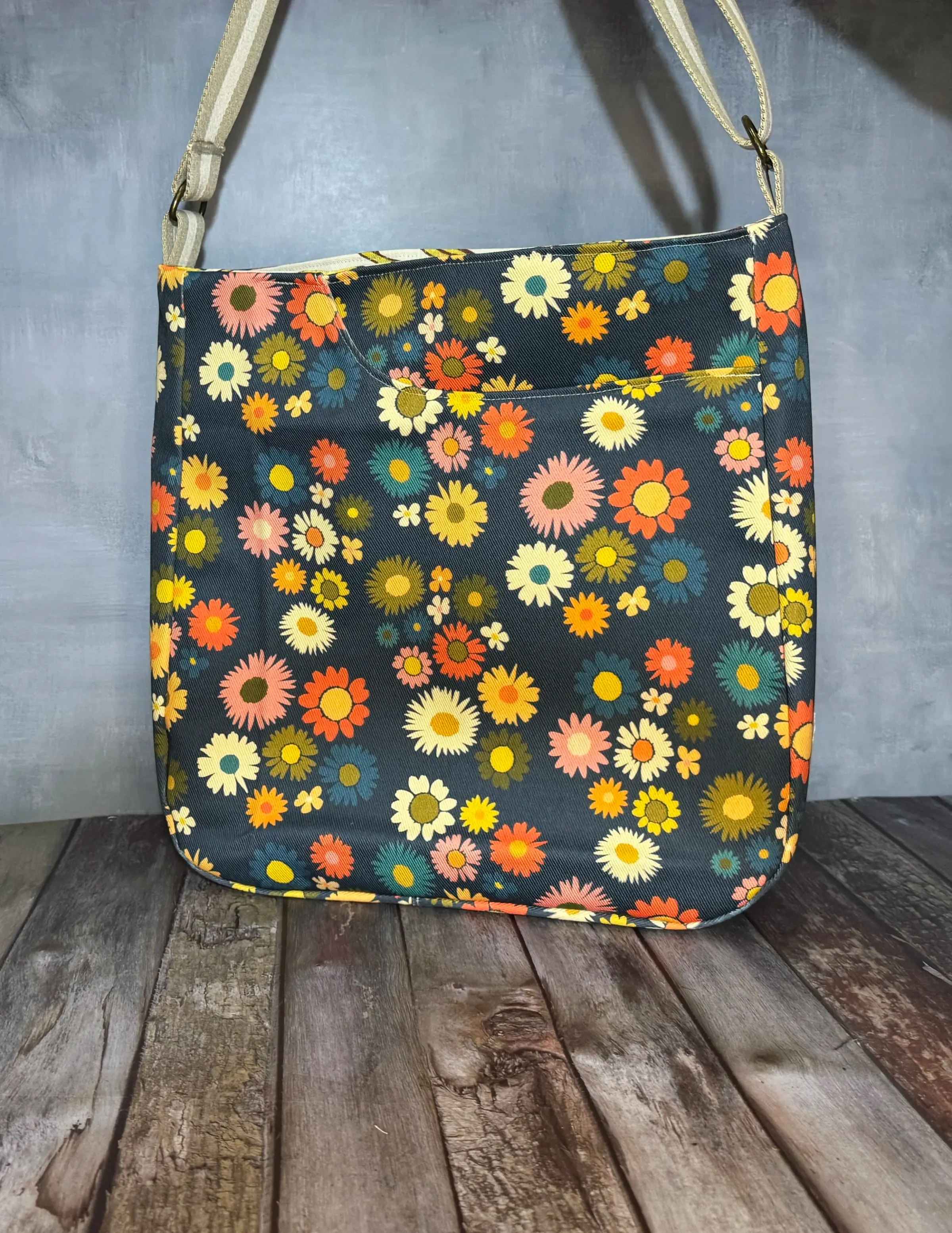 Large Crossbody Tote Bag - Navy Retro Daisy — handmade canvas bag, cut and sewn by hand in South Carolina