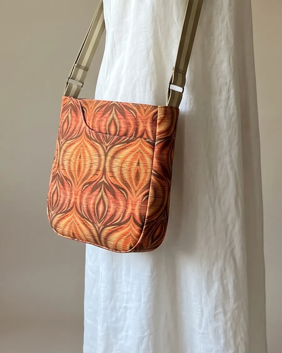 CrossBody Handbag - Orange Retro Ogee worn crossbody on a display form