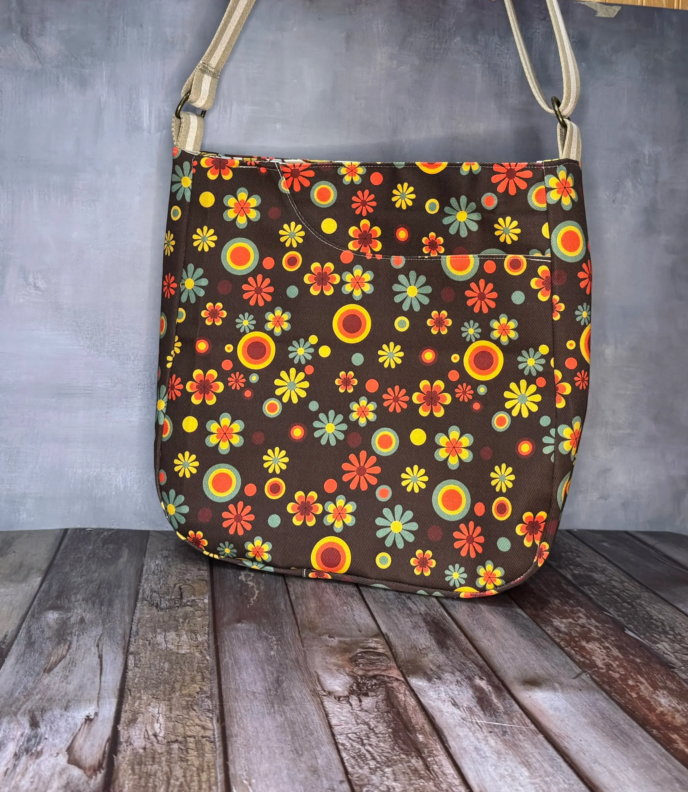 Large Crossbody Tote Bag - Brown Retro Daisy — handmade canvas bag, cut and sewn by hand in South Carolina