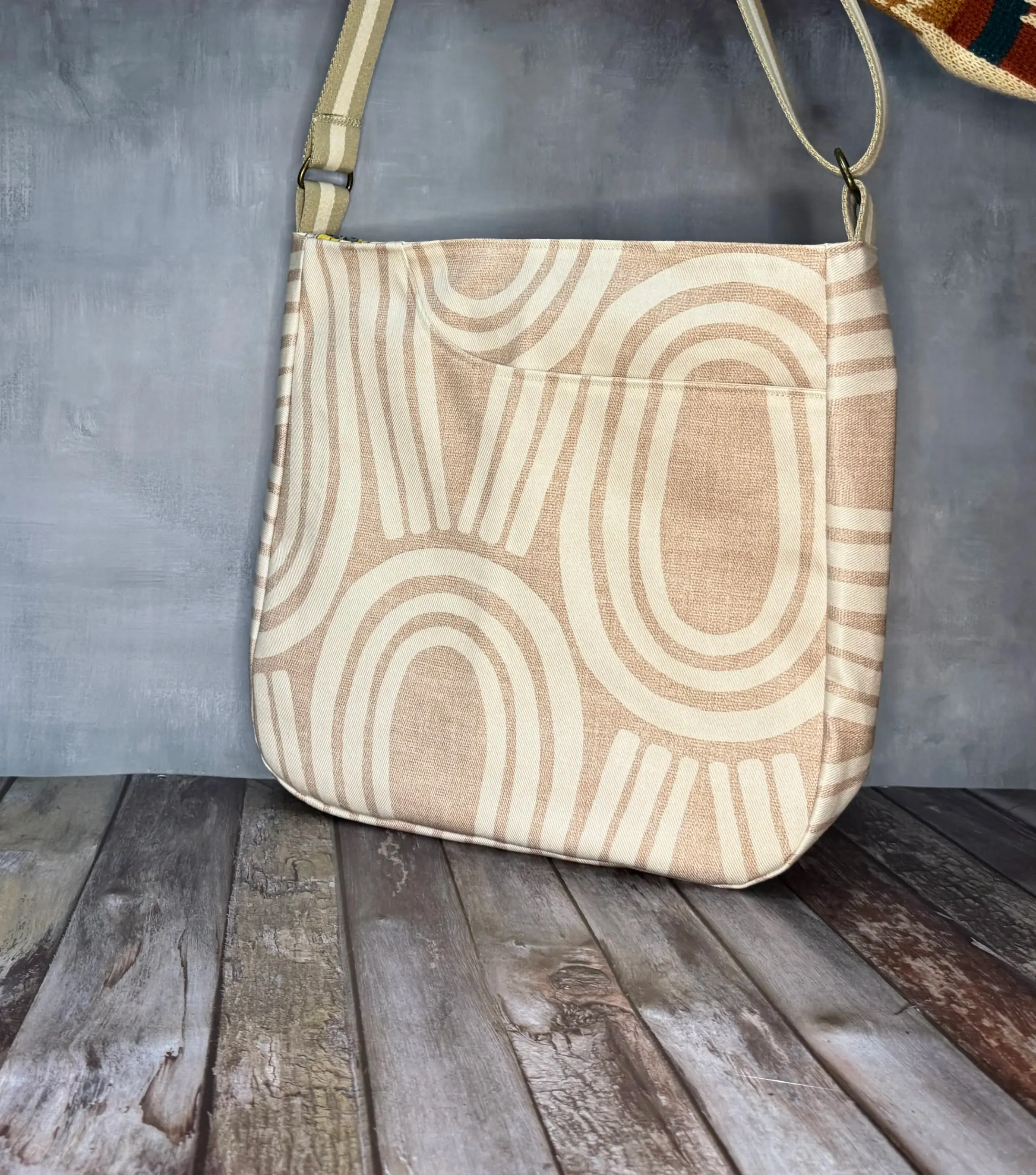 Large Crossbody Tote Bag - Tan Arch Geometric — handmade canvas bag, cut and sewn by hand in South Carolina