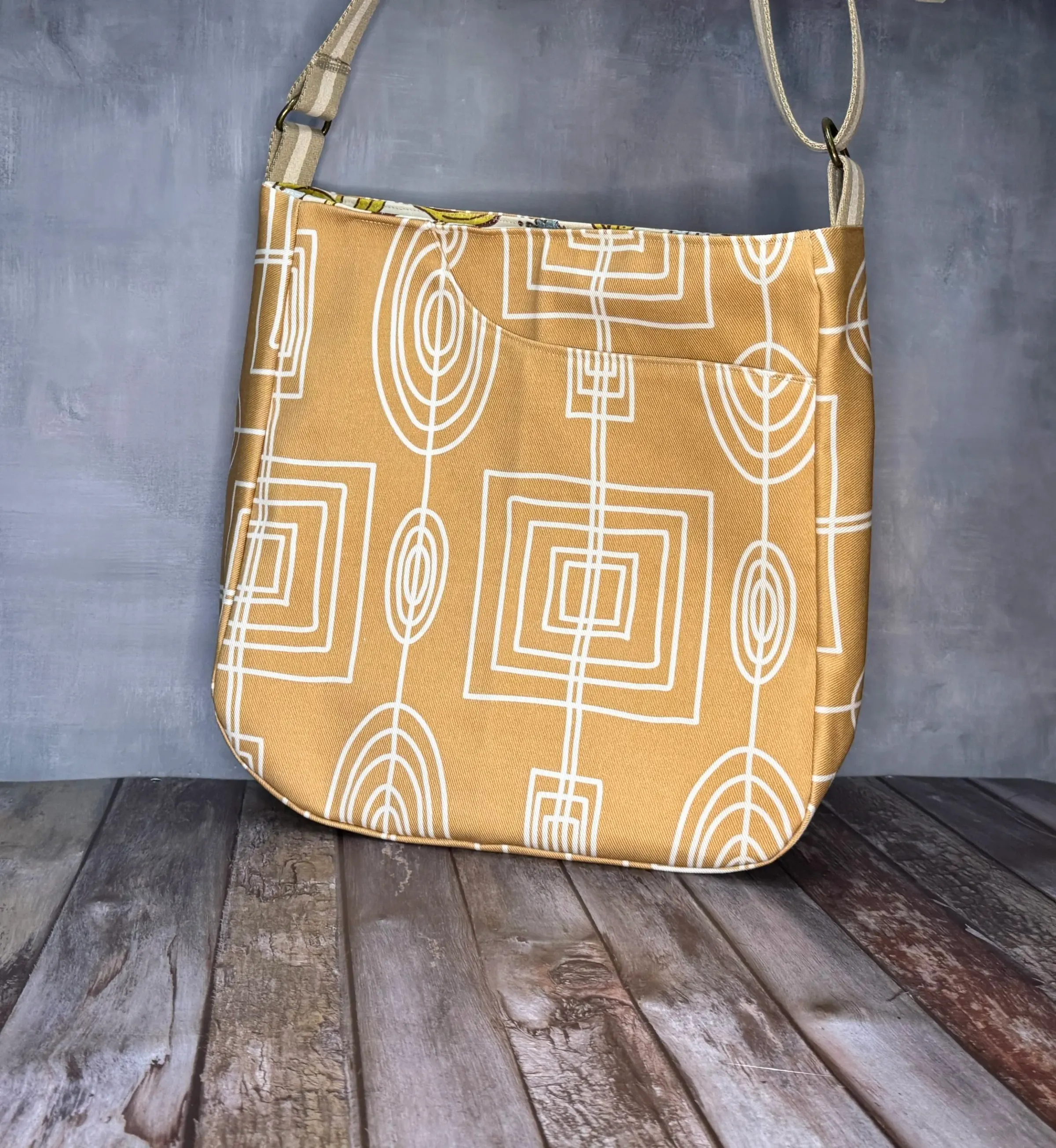 Large Crossbody Tote Bag - Mustard Mid Mod Geometric — handmade canvas bag, cut and sewn by hand in South Carolina