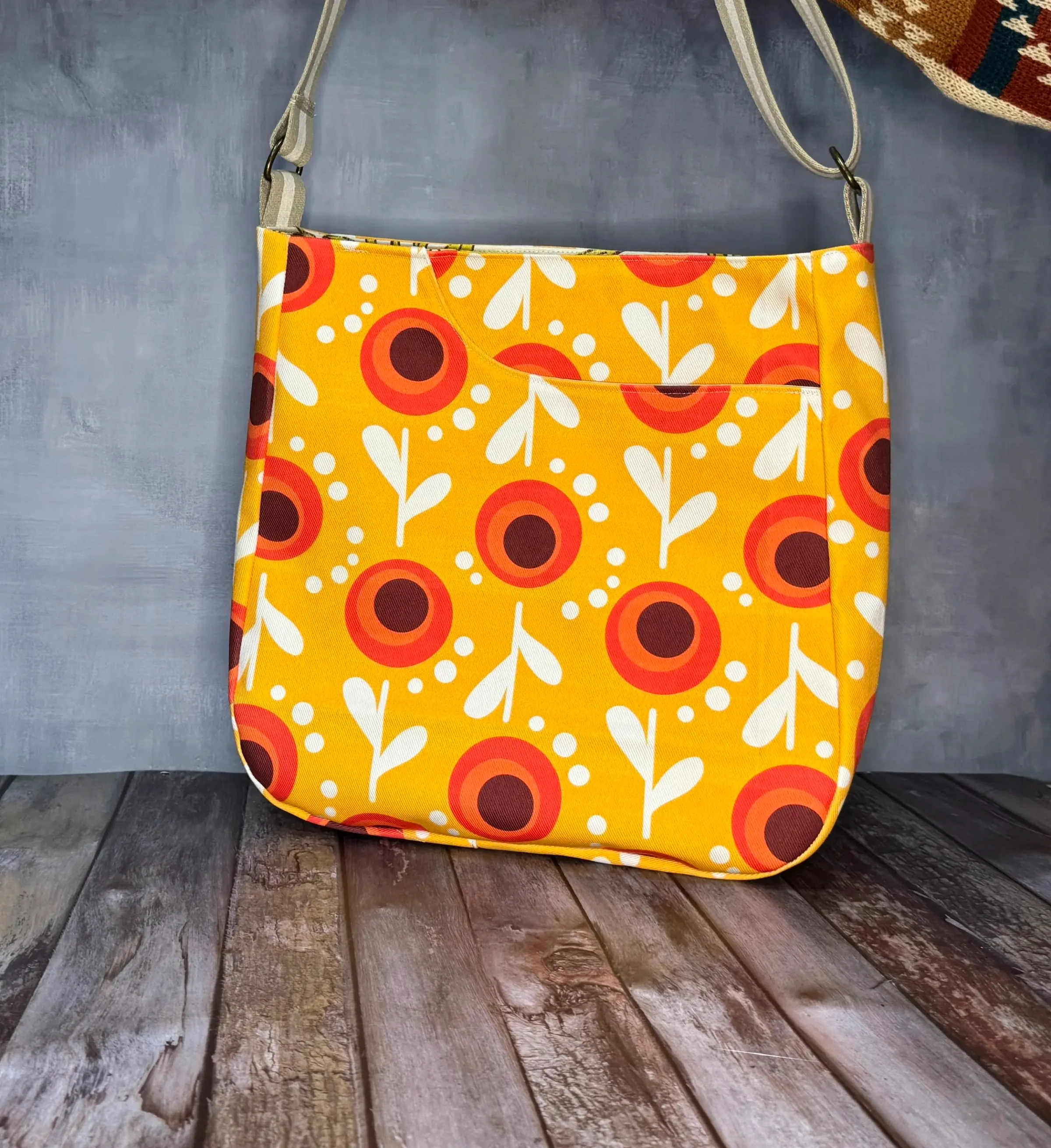 Large Crossbody Tote Bag - Yellow Retro Daisy — handmade canvas bag, cut and sewn by hand in South Carolina