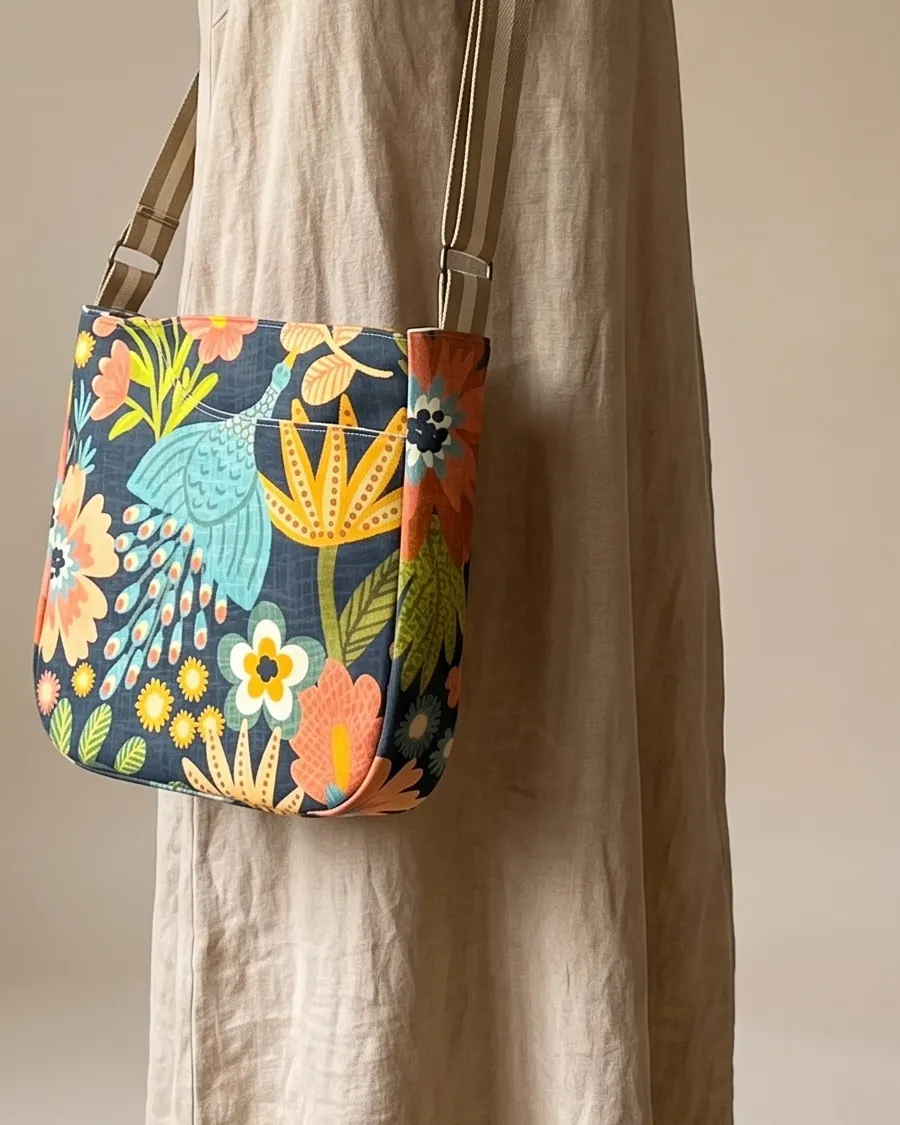 CrossBody Handbag - Navy Peacock Floral worn crossbody on a display form