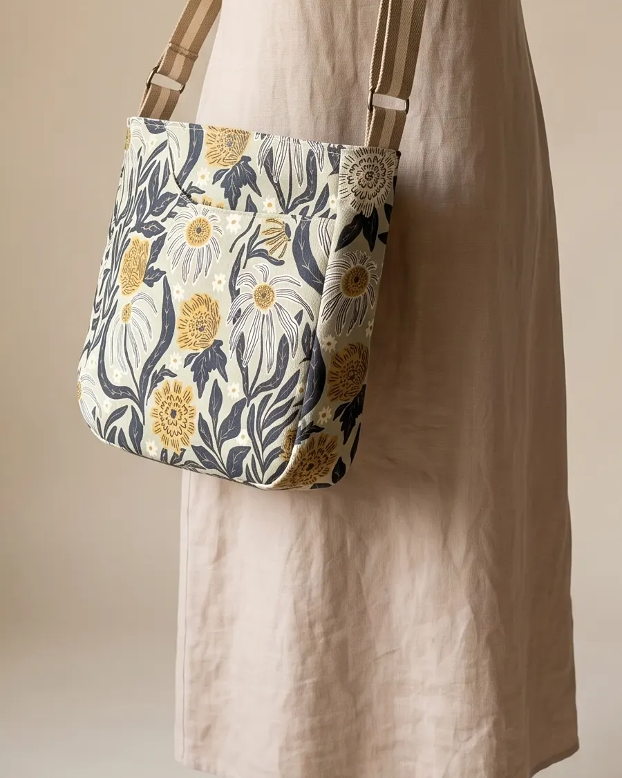 CrossBody Handbag - Cream Mustard Floral worn crossbody on a display form