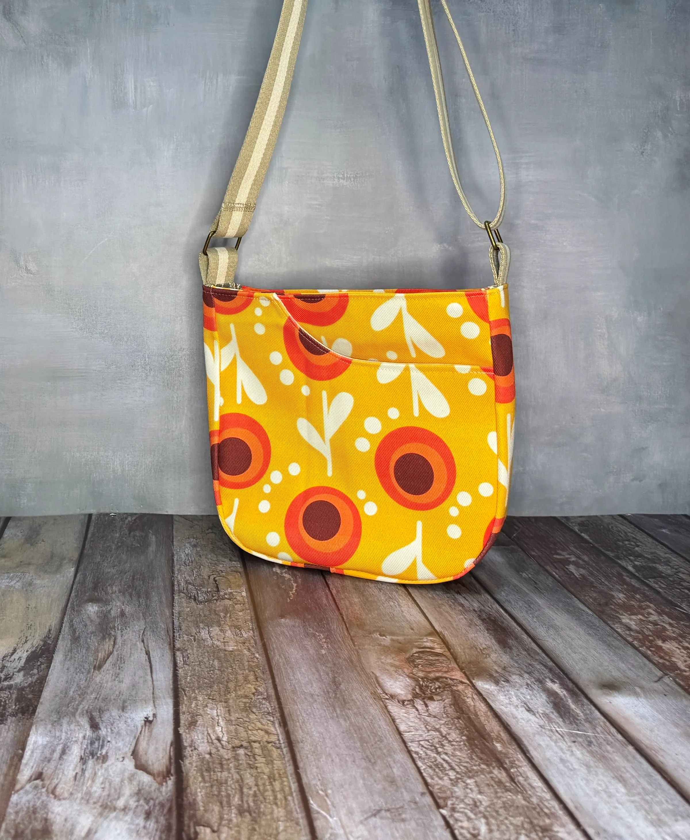 Cross Body Mini Tote - Retro Yellow Floral — handmade canvas bag, cut and sewn by hand in South Carolina