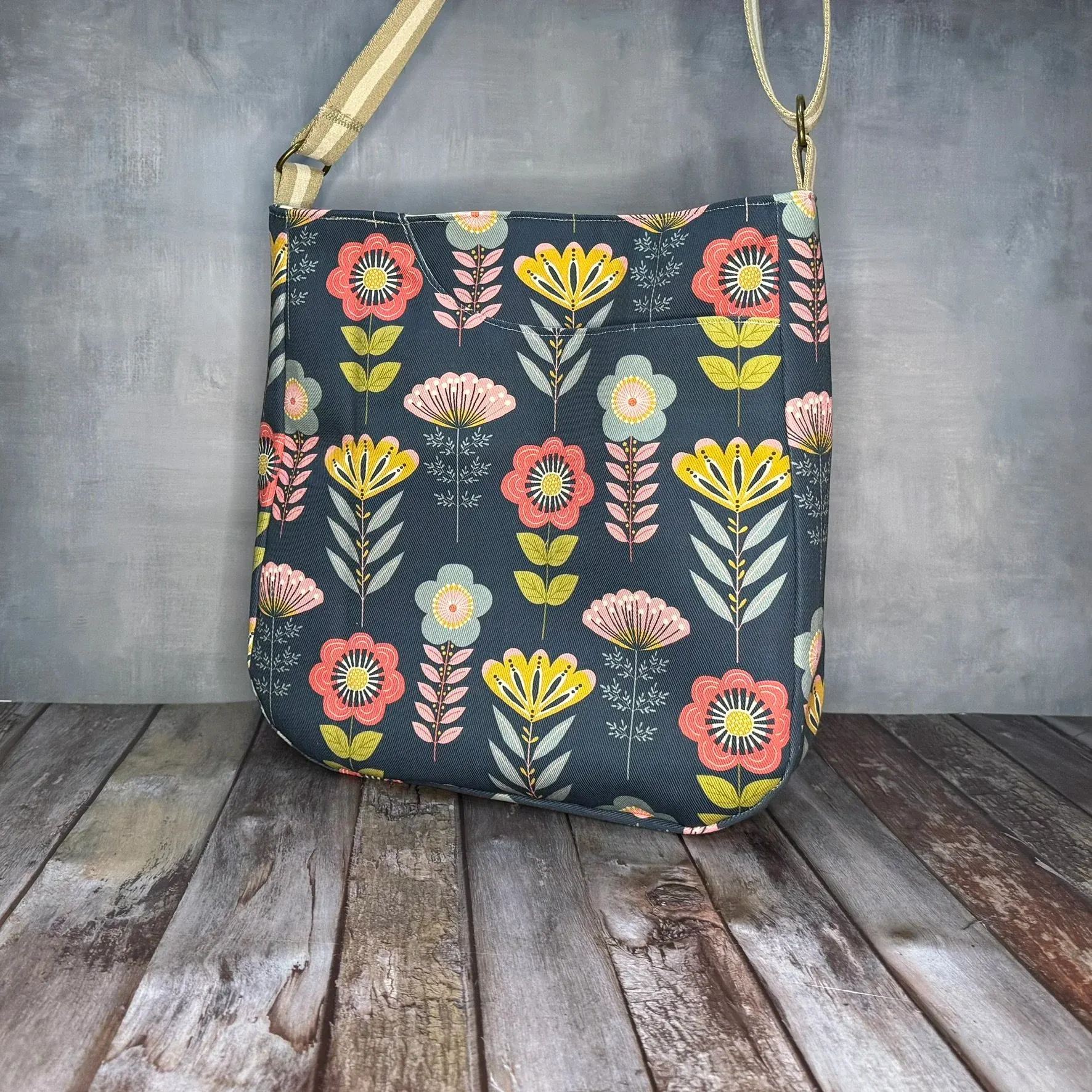 Large Crossbody Tote Bag - Slate Mid Mod Floral — handmade canvas bag, cut and sewn by hand in South Carolina