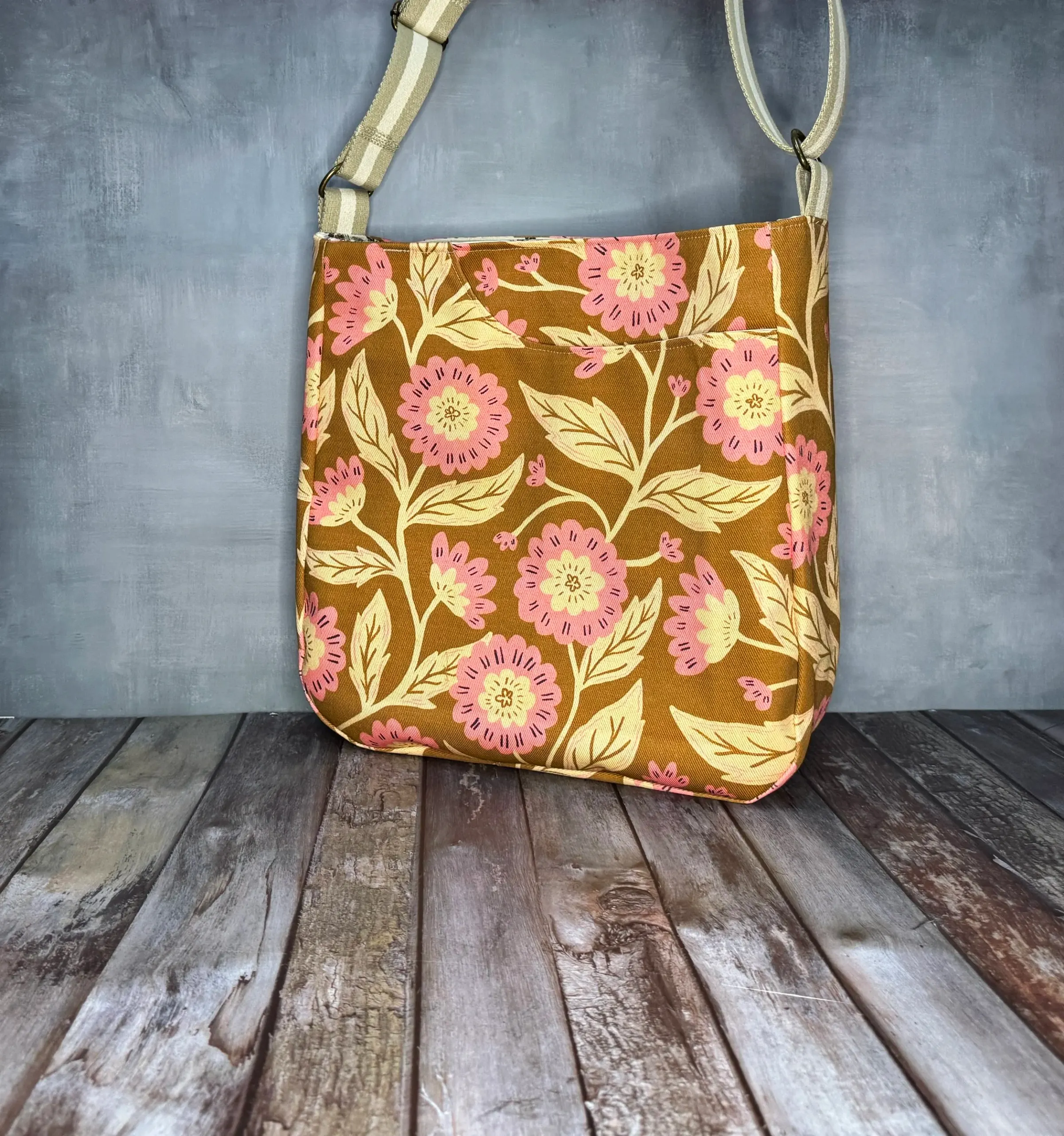 Large Crossbody Tote Bag - Mustard Pink Floral — handmade canvas bag, cut and sewn by hand in South Carolina