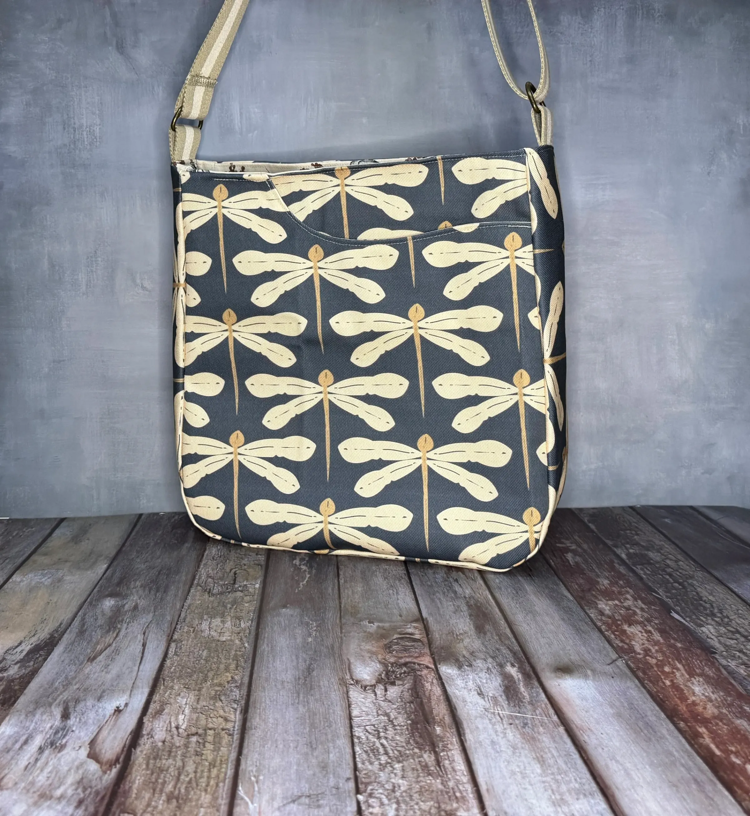 Large Crossbody Tote Bag - Charcoal Dragonfly — handmade canvas bag, cut and sewn by hand in South Carolina