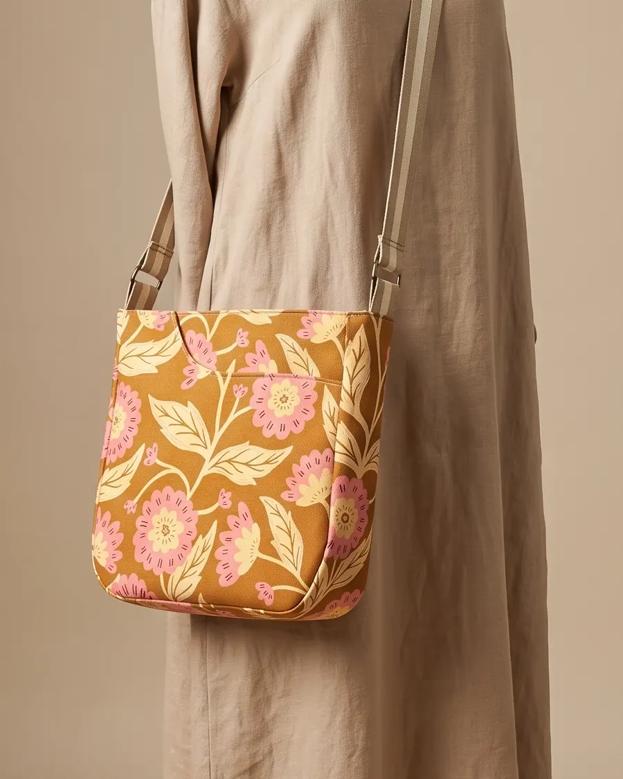 CrossBody Handbag - Mustard Pink Floral worn crossbody on a display form