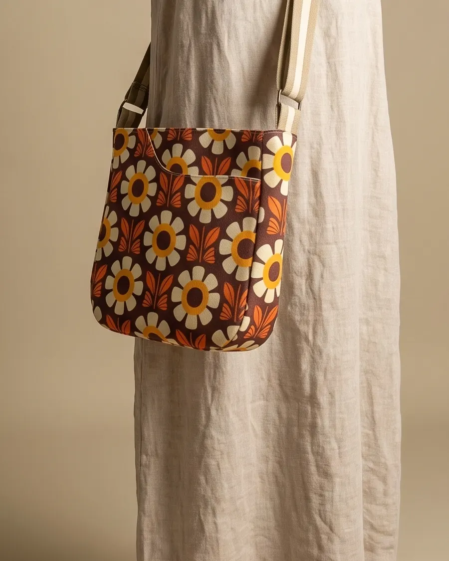 CrossBody Handbag - Brown Retro Daisy worn crossbody on a display form
