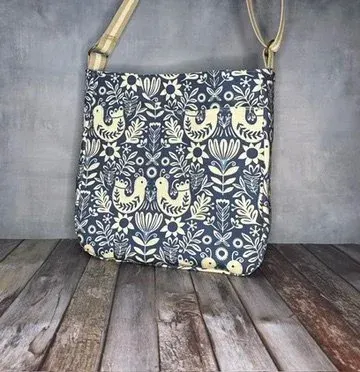 Large Crossbody Tote Bag - Navy Folk Bird Floral — handmade canvas bag, cut and sewn by hand in South Carolina