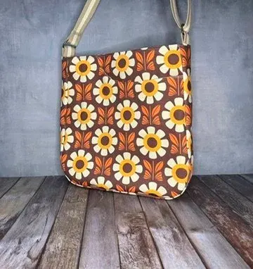Large Crossbody Tote Bag - Orange Brown Retro Daisy — handmade canvas bag, cut and sewn by hand in South Carolina