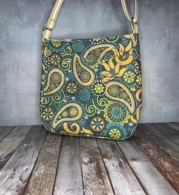 Large Crossbody Tote Bag - Teal Gold Paisley — handmade canvas bag, cut and sewn by hand in South Carolina