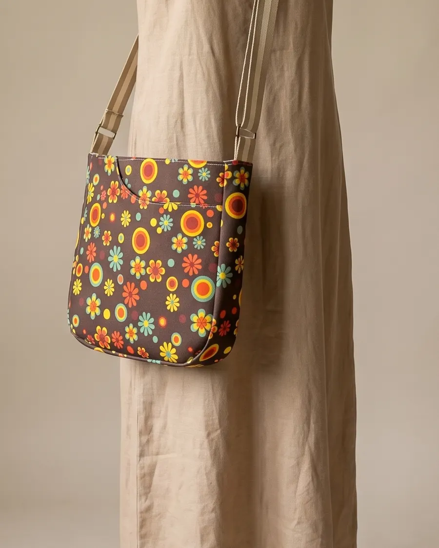 CrossBody Handbag - Ditsy Brown Retro Floral worn crossbody on a display form