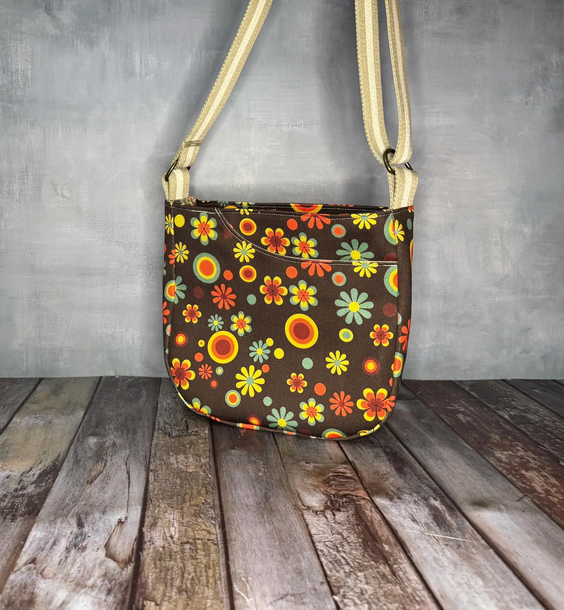 Cross Body Mini Tote - 70's Brown Retro Floral — handmade canvas bag, cut and sewn by hand in South Carolina