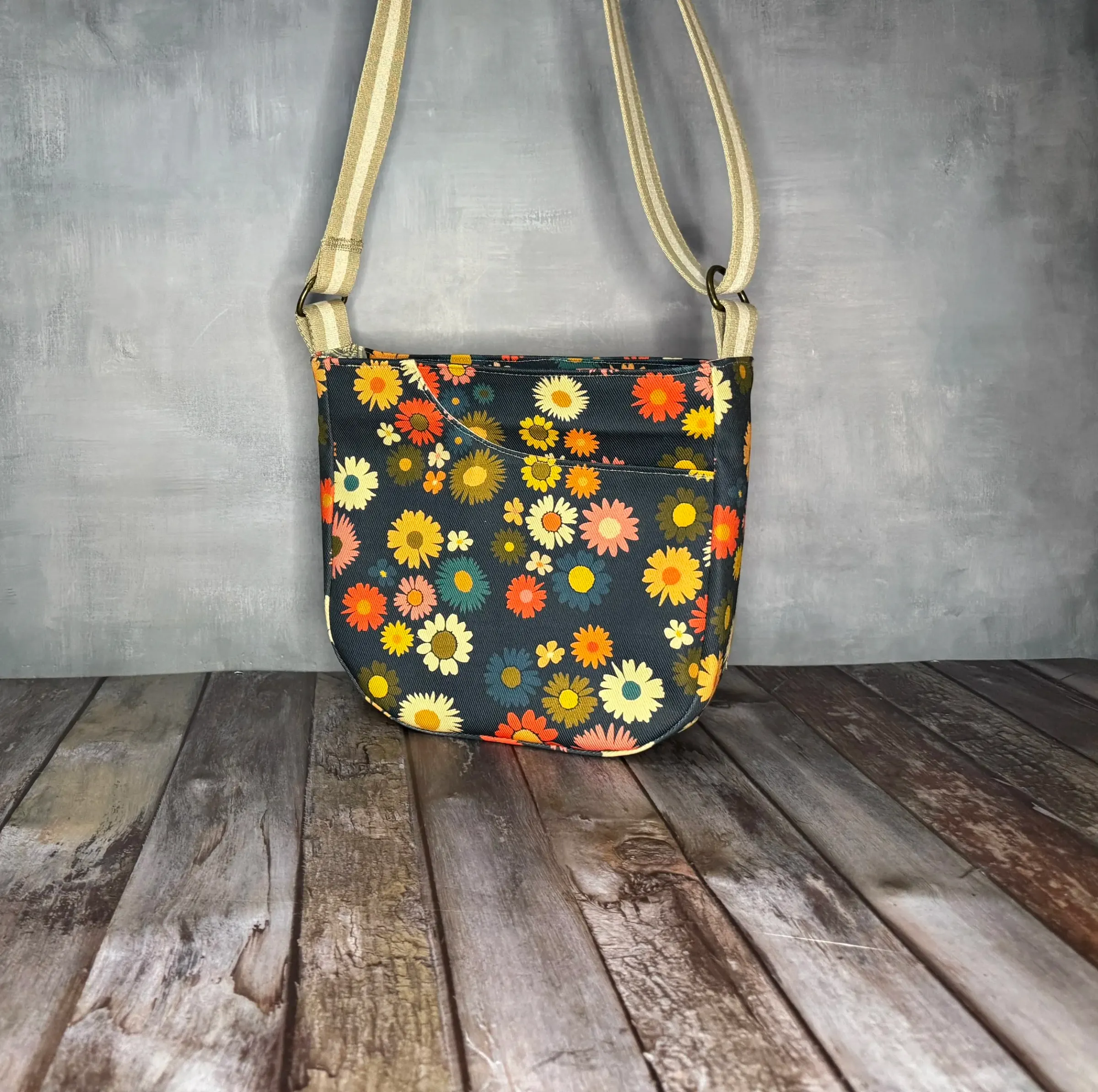 Cross Body Mini Tote - Navy Retro Daisy — handmade canvas bag, cut and sewn by hand in South Carolina