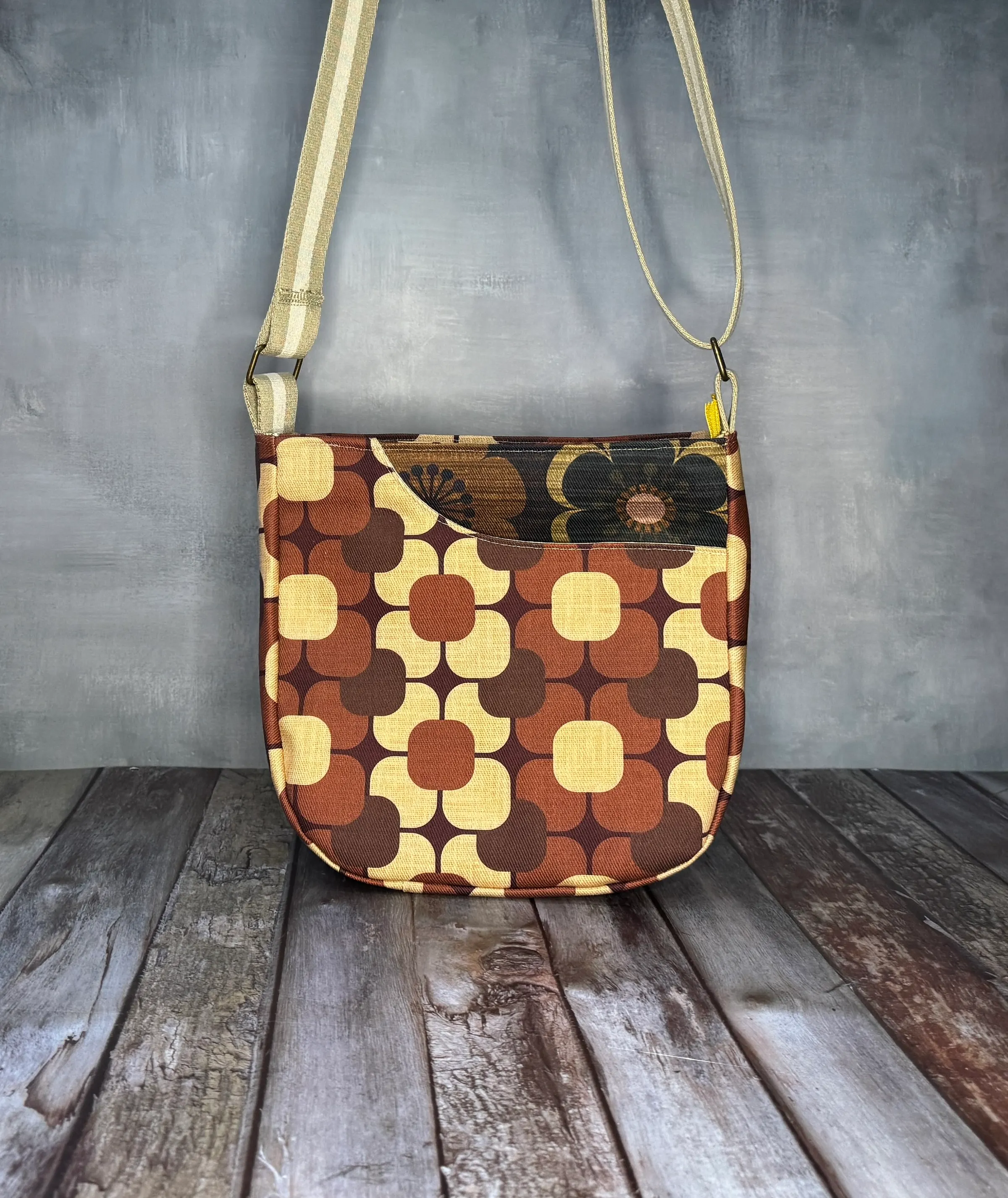 Cross Body Mini Tote - Brown Geometric — handmade canvas bag, cut and sewn by hand in South Carolina
