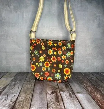 Cross Body Mini Tote - Brown Retro Floral — handmade canvas bag, cut and sewn by hand in South Carolina