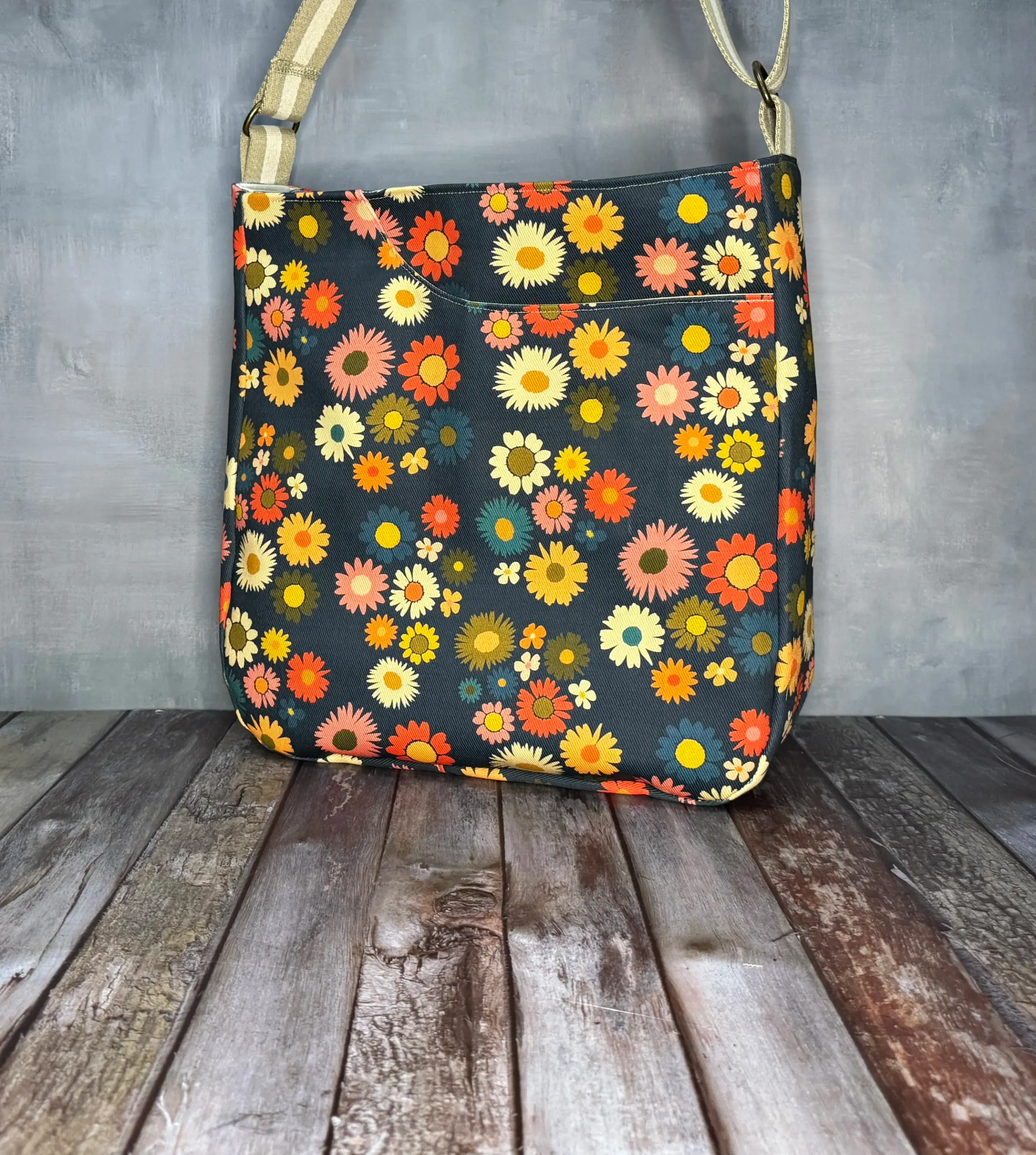 Large Crossbody Tote Bag - Multisize Navy Retro Daisy — handmade canvas bag, cut and sewn by hand in South Carolina
