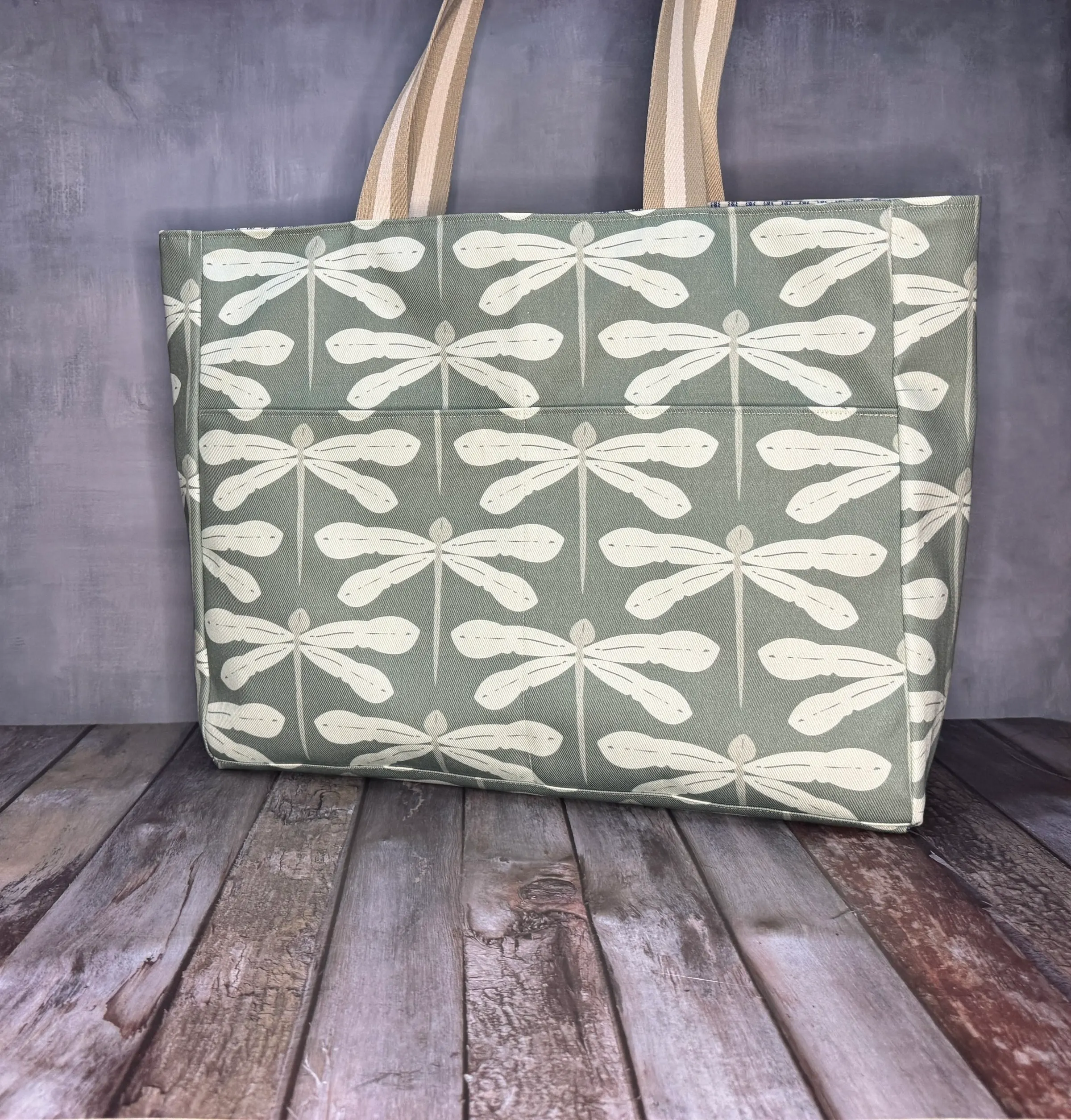 Large Tote Bag - Sage Dragonfly — handmade canvas bag, cut and sewn by hand in South Carolina