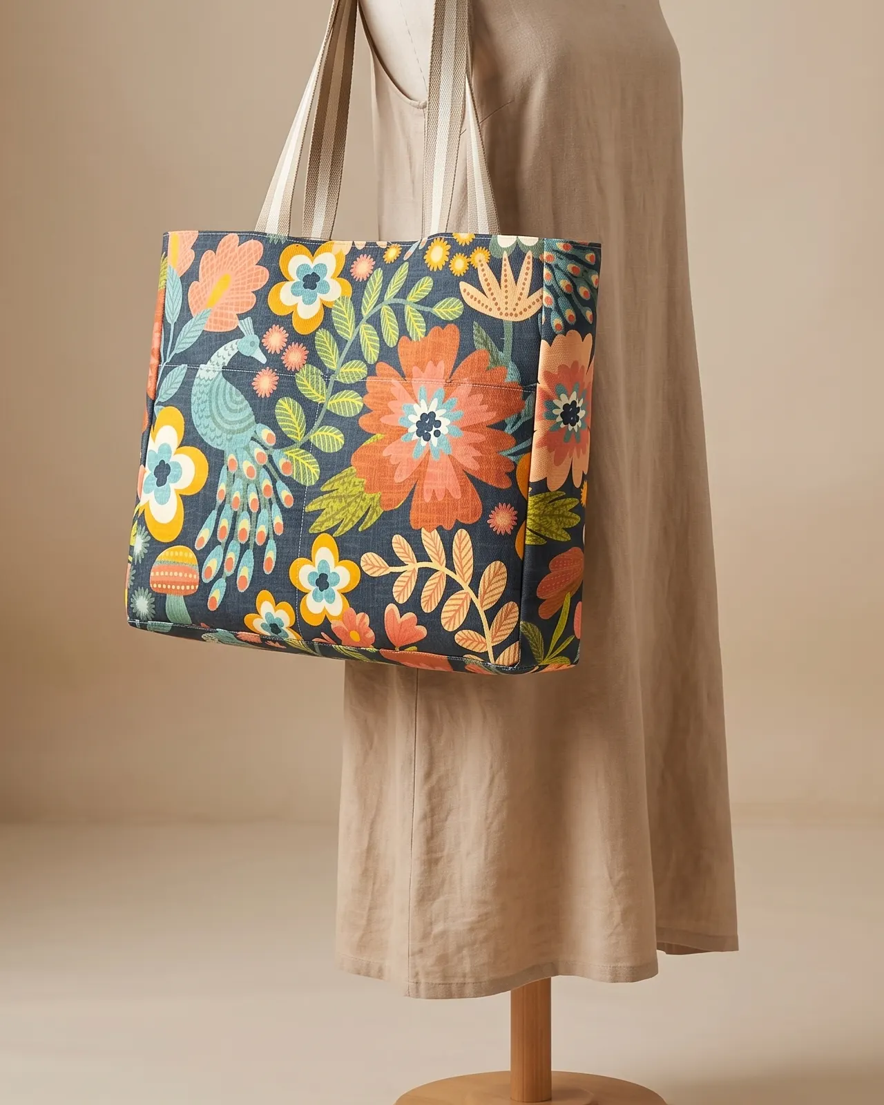 Large Tote Bag Zipper - Navy Peacock Floral worn on the shoulder on a display form