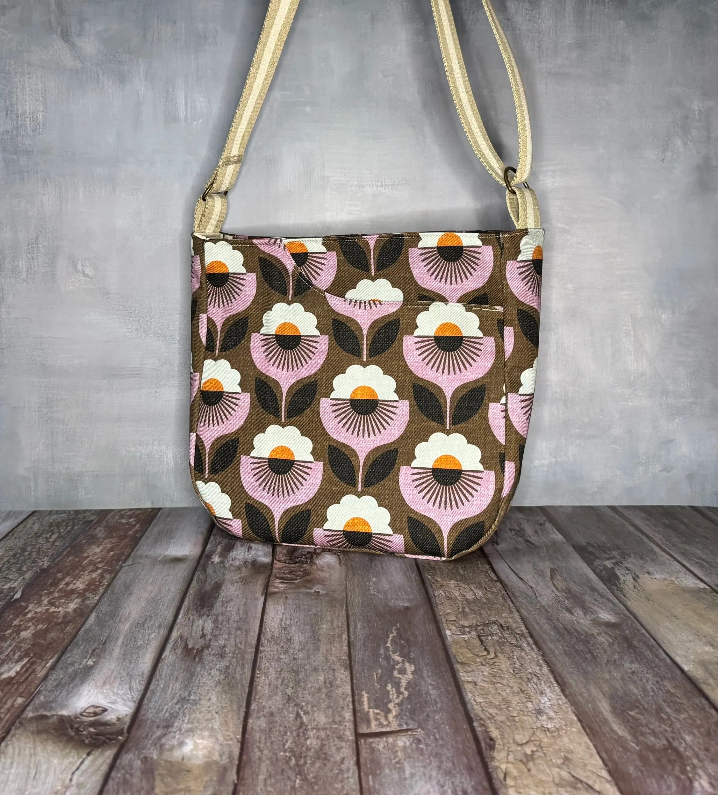 CrossBody Handbag - Pink Brown Retro Floral — handmade canvas bag, cut and sewn by hand in South Carolina