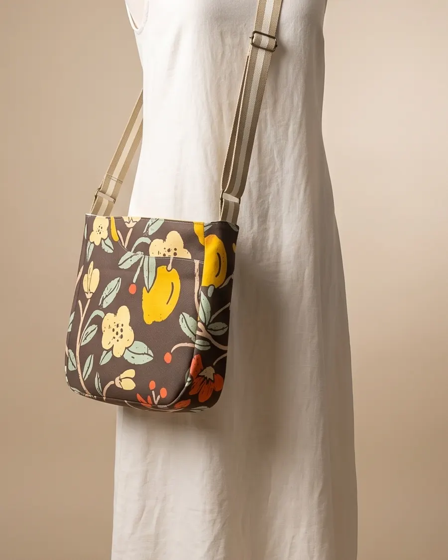 CrossBody Handbag - Brown Lemon Floral worn crossbody on a display form