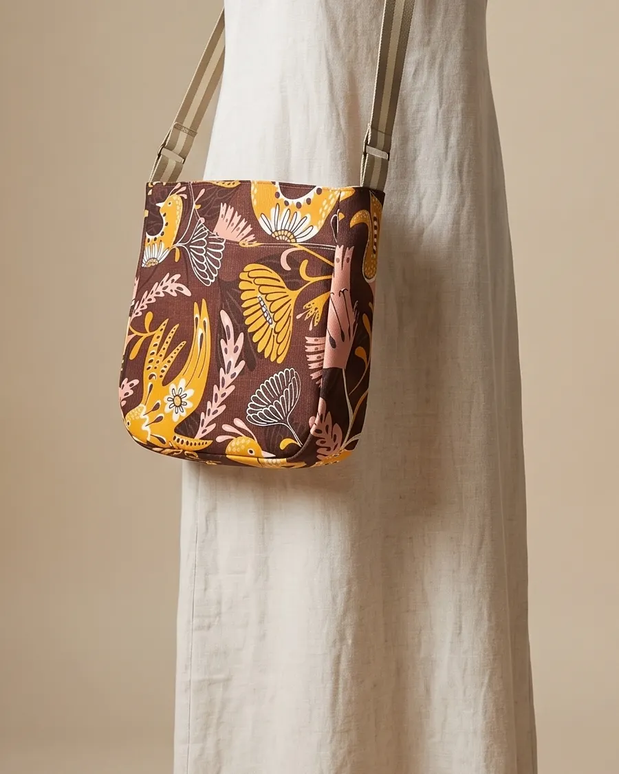 CrossBody Handbag - Brown Bird Floral worn crossbody on a display form