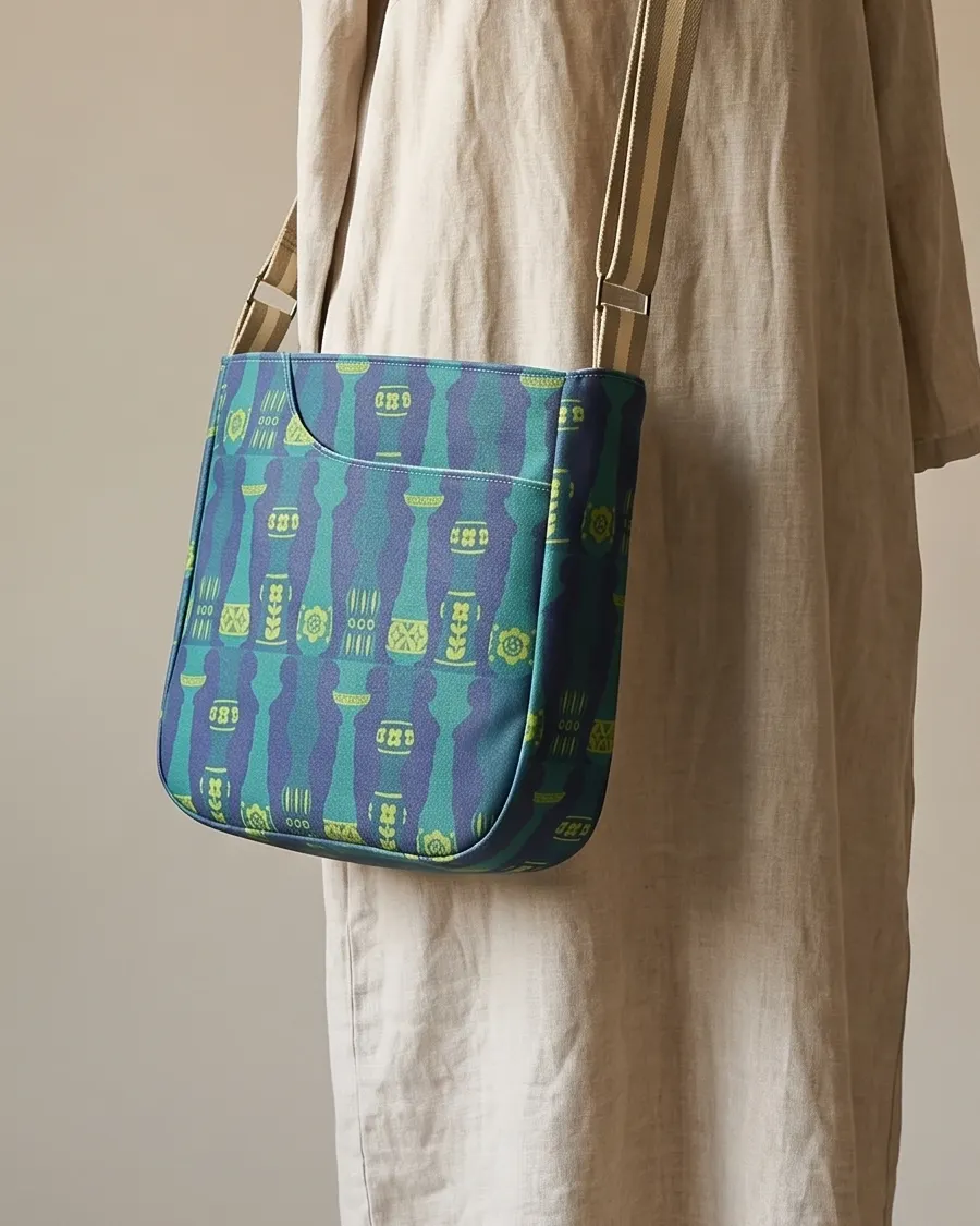 CrossBody Handbag - Navy Teal Retro Vase worn crossbody on a display form
