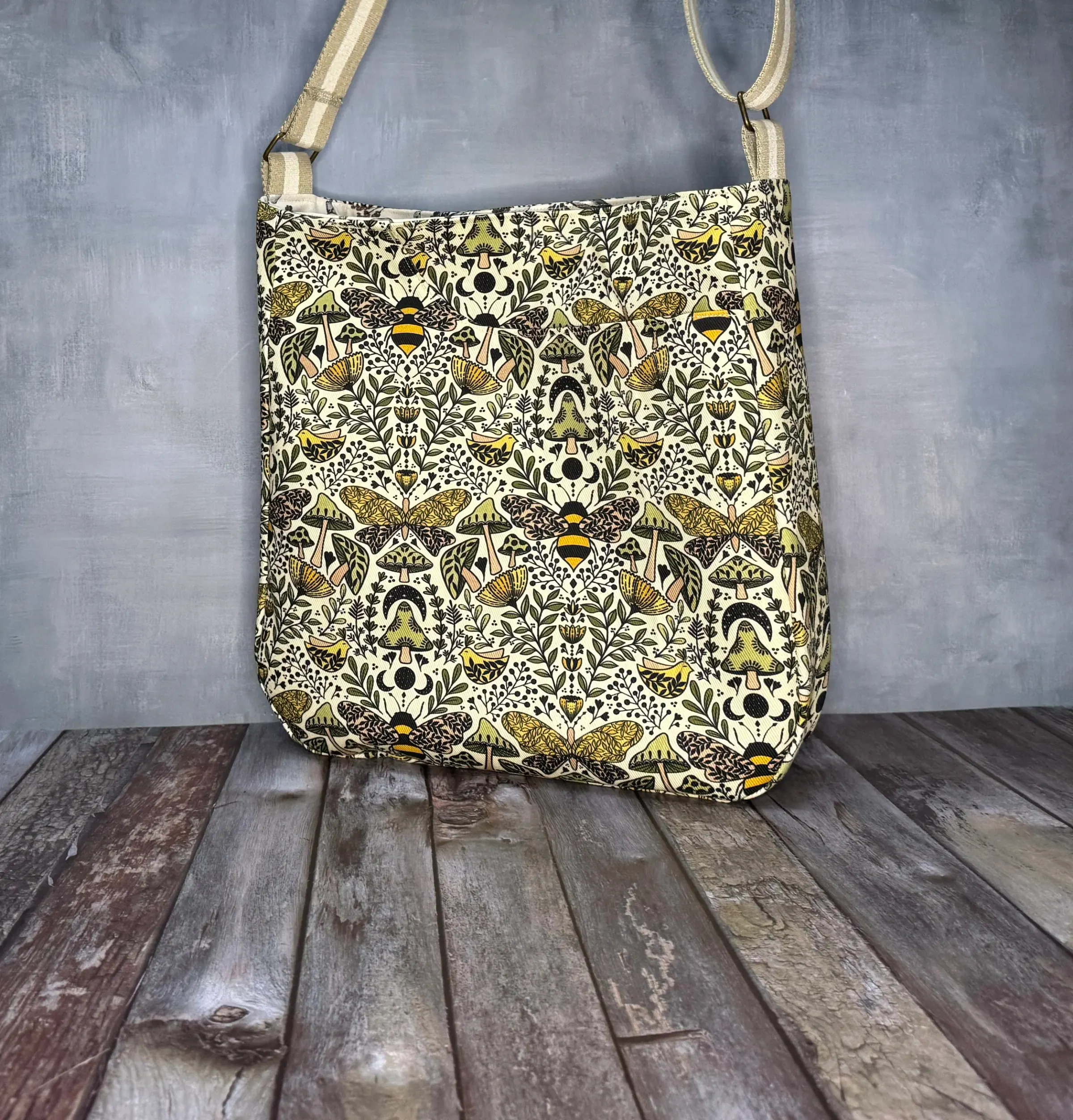 Large Crossbody Tote Bag - Cream Bee Moth Garden — handmade canvas bag, cut and sewn by hand in South Carolina