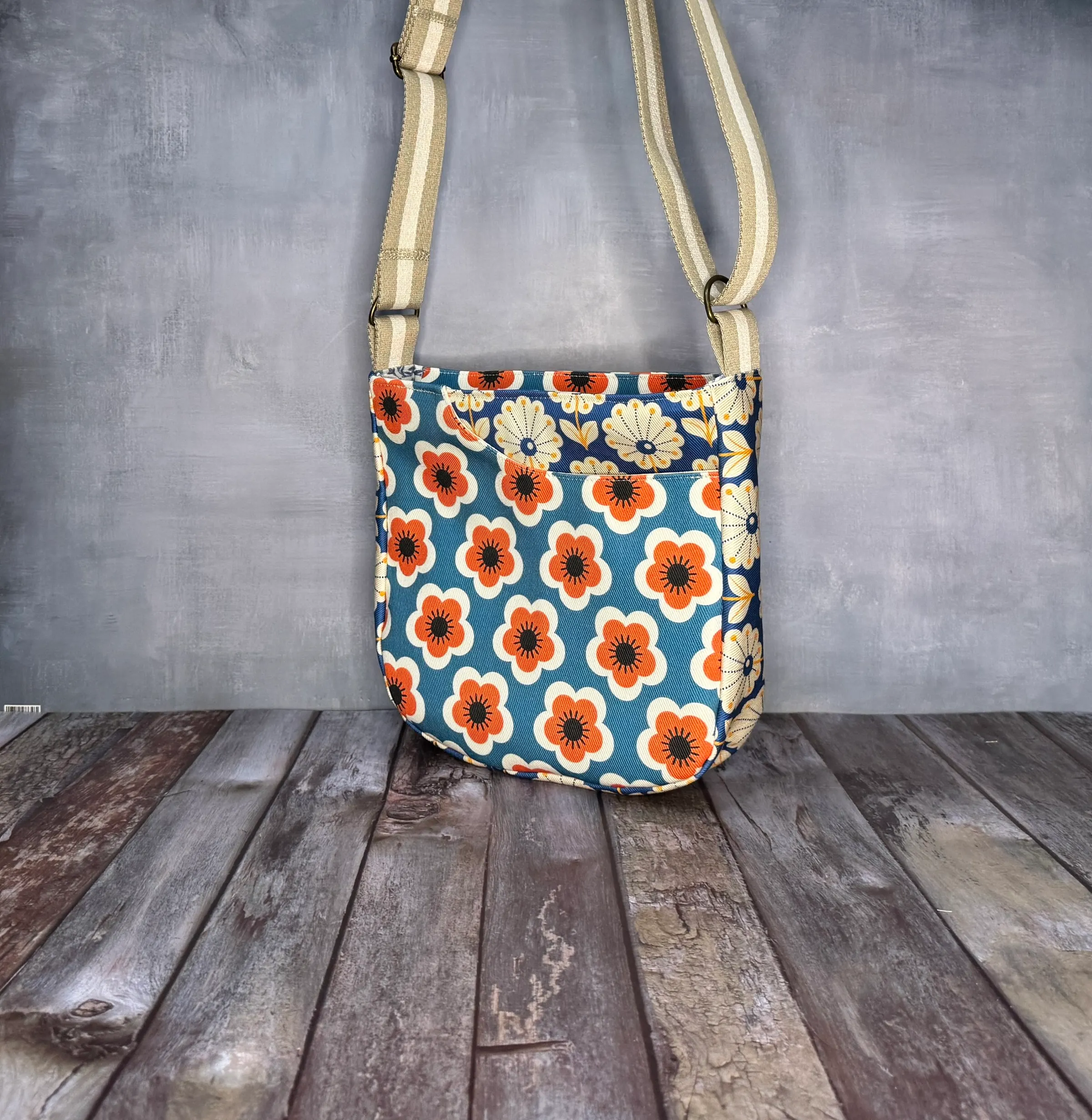 Cross Body Mini Tote - Blue Retro Floral — handmade canvas bag, cut and sewn by hand in South Carolina