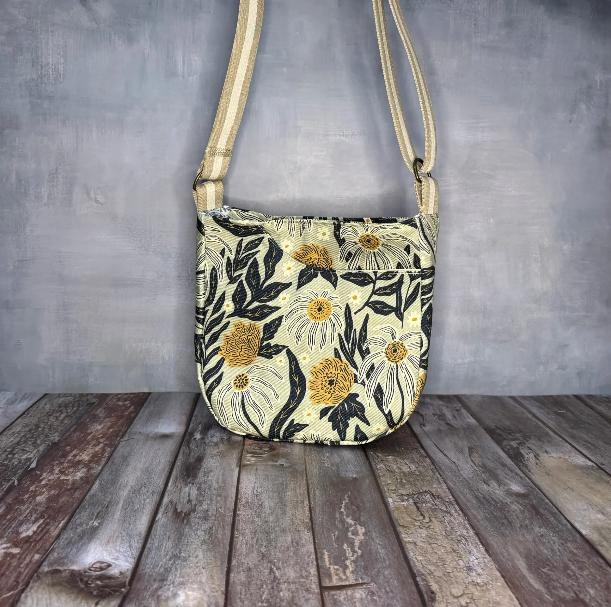 Cross Body Mini Tote - Cream Gold Coneflower — handmade canvas bag, cut and sewn by hand in South Carolina