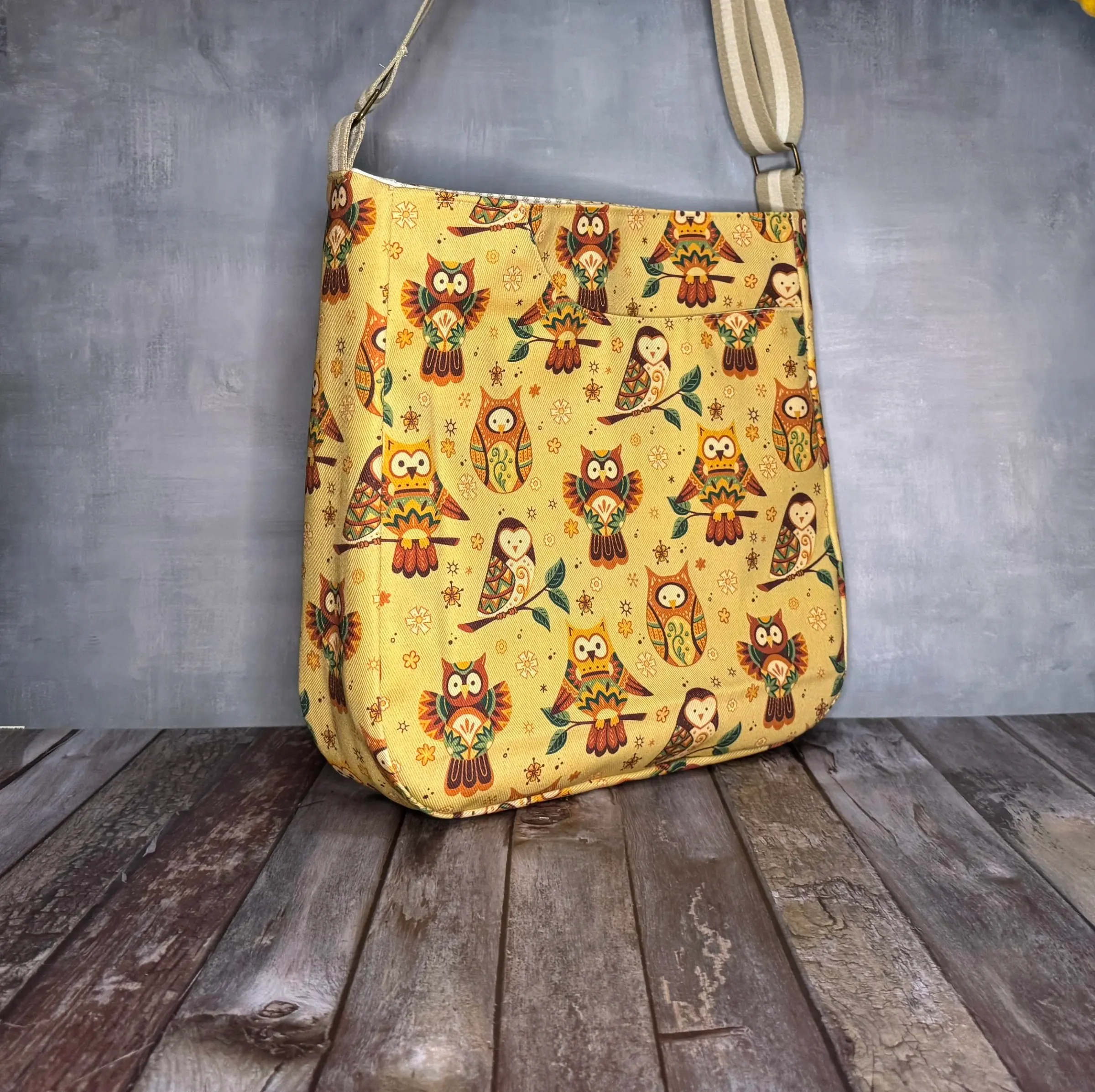 Large Crossbody Tote Bag - Yellow Curious Owls — handmade canvas bag, cut and sewn by hand in South Carolina