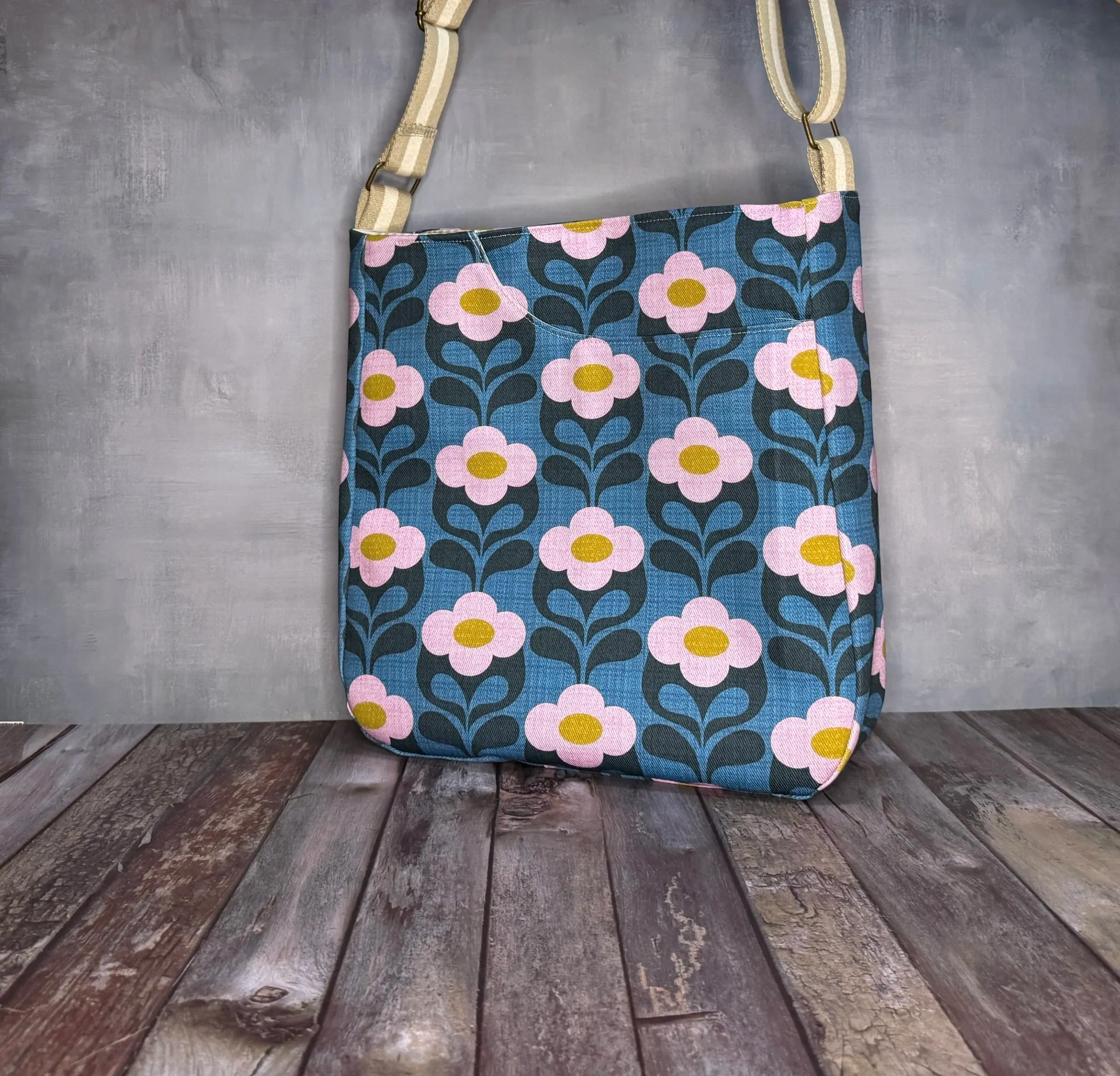 Large Crossbody Tote Bag - Teal Retro Daisy — handmade canvas bag, cut and sewn by hand in South Carolina