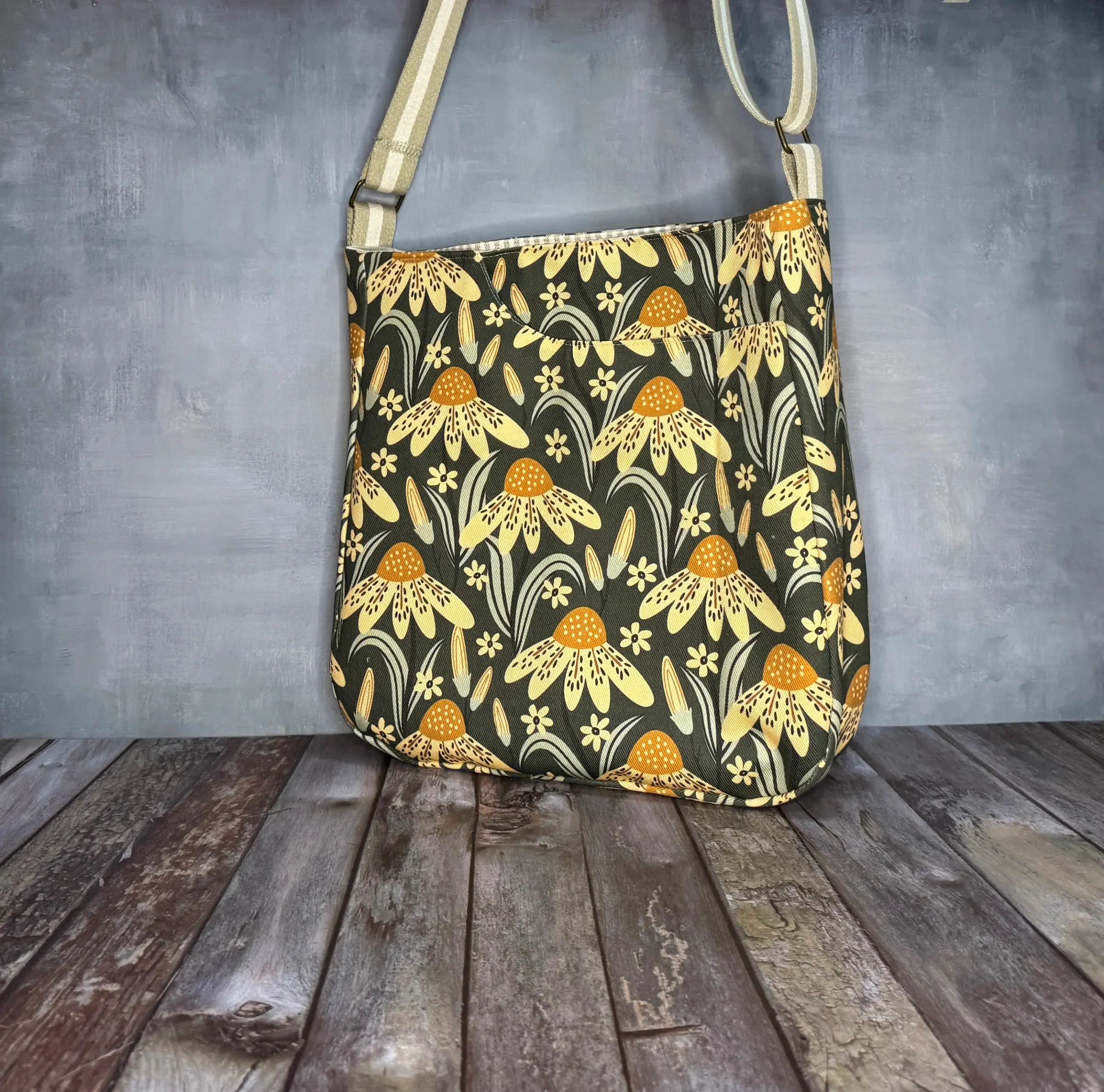 Large Crossbody Tote Bag - Olive Coneflower — handmade canvas bag, cut and sewn by hand in South Carolina